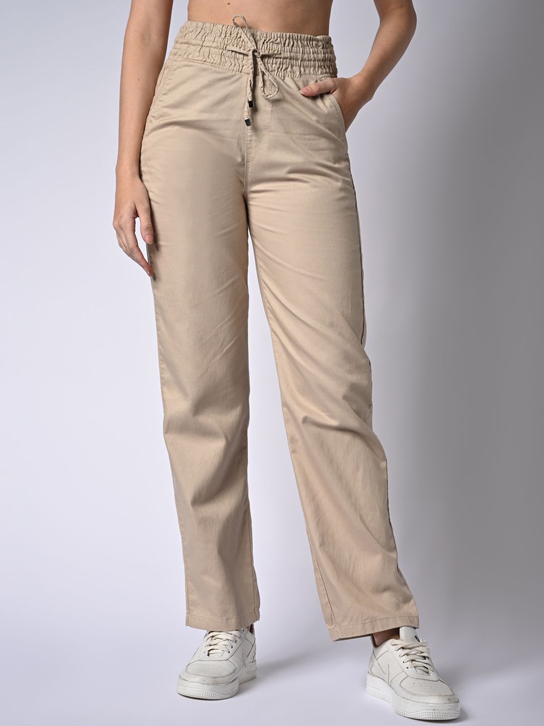 

Kraus Jeans Women Straight Fit High-Rise Trousers, Beige