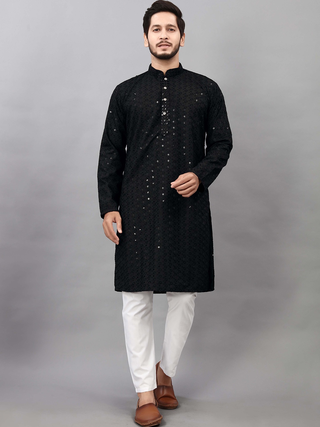 

ALMORA Men Ethnic Motifs Embroidered Mirror Work Kurta, Black