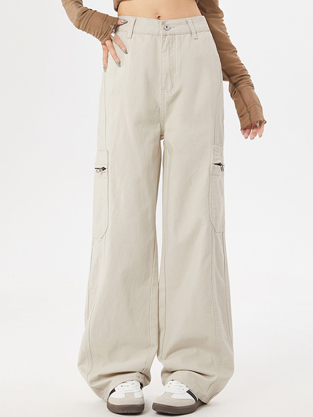 

LULU & SKY Women Cotton Loose Fit High-Rise Cargos Trousers, Off white