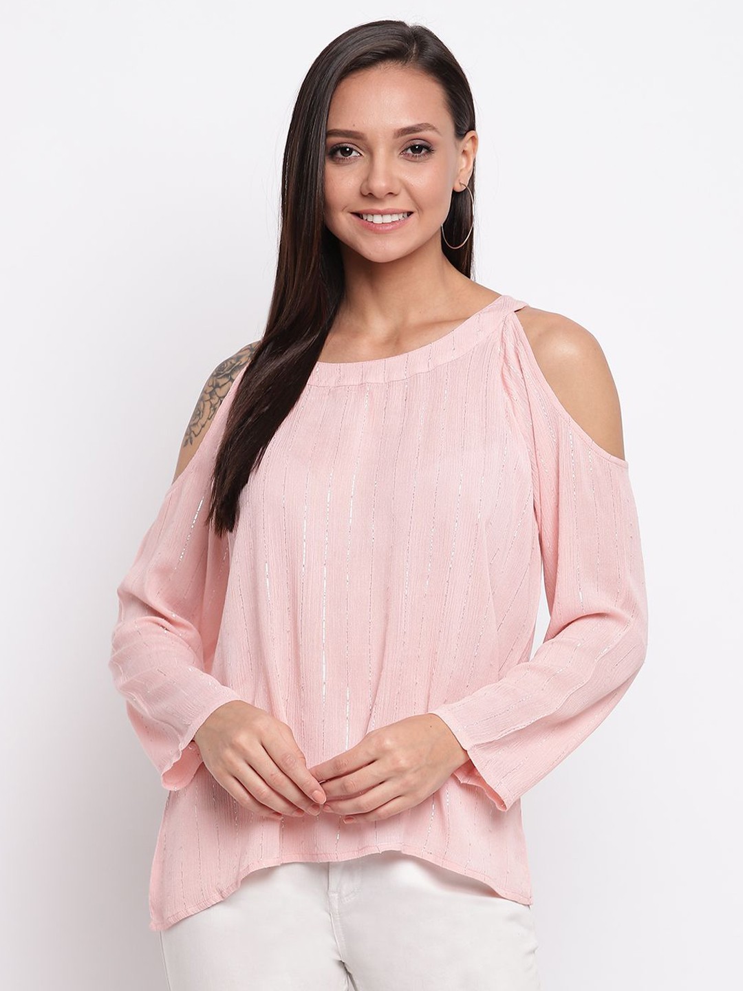 

DressBerry Women Round Neck Cold-Shoulder Top, Pink
