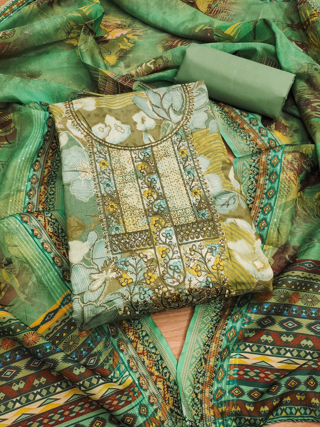 

KALINI Printed Unstitched Dress Material, Green