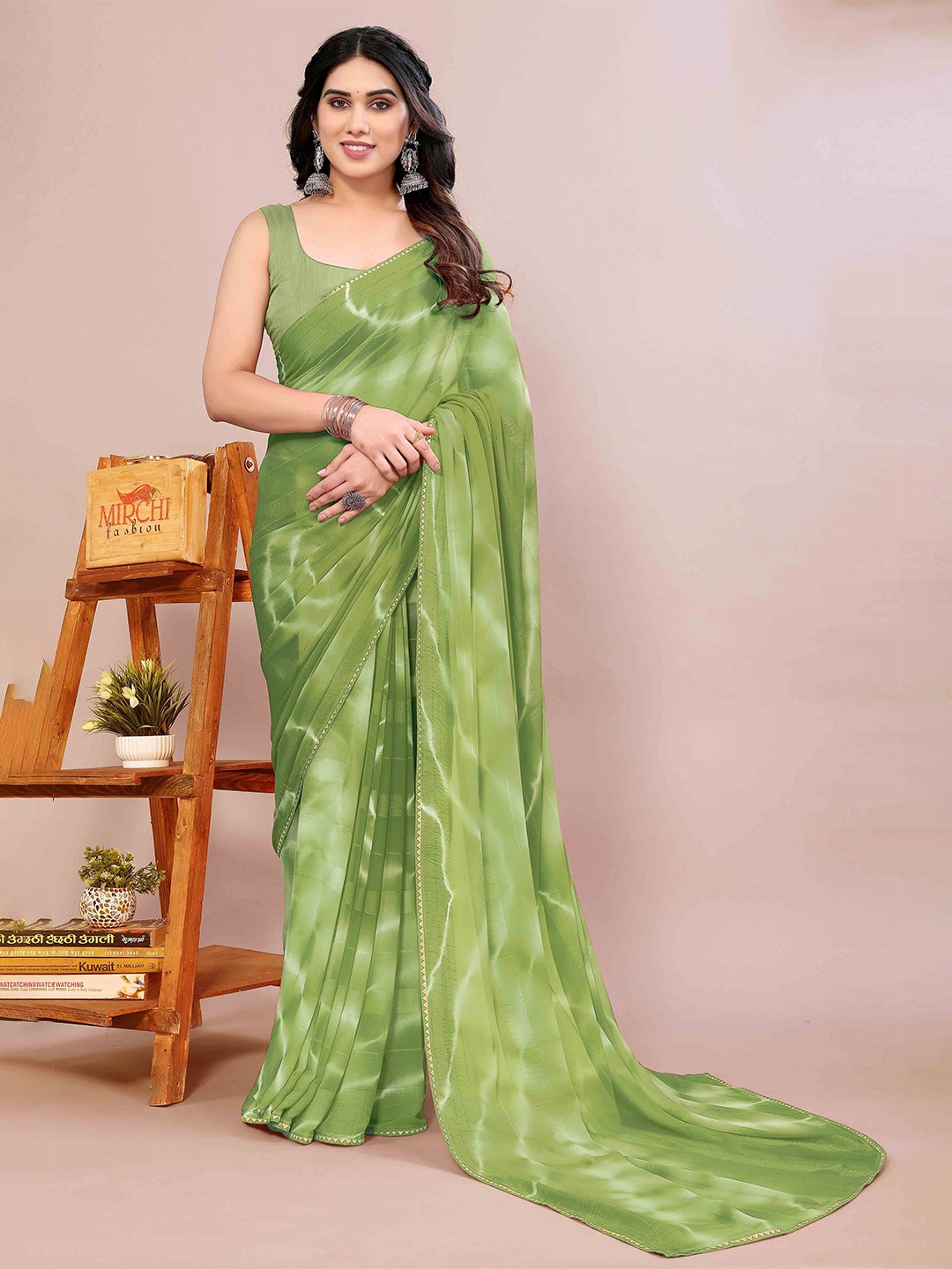

KALINI Tie and Dye Poly Chiffon Saree, Green