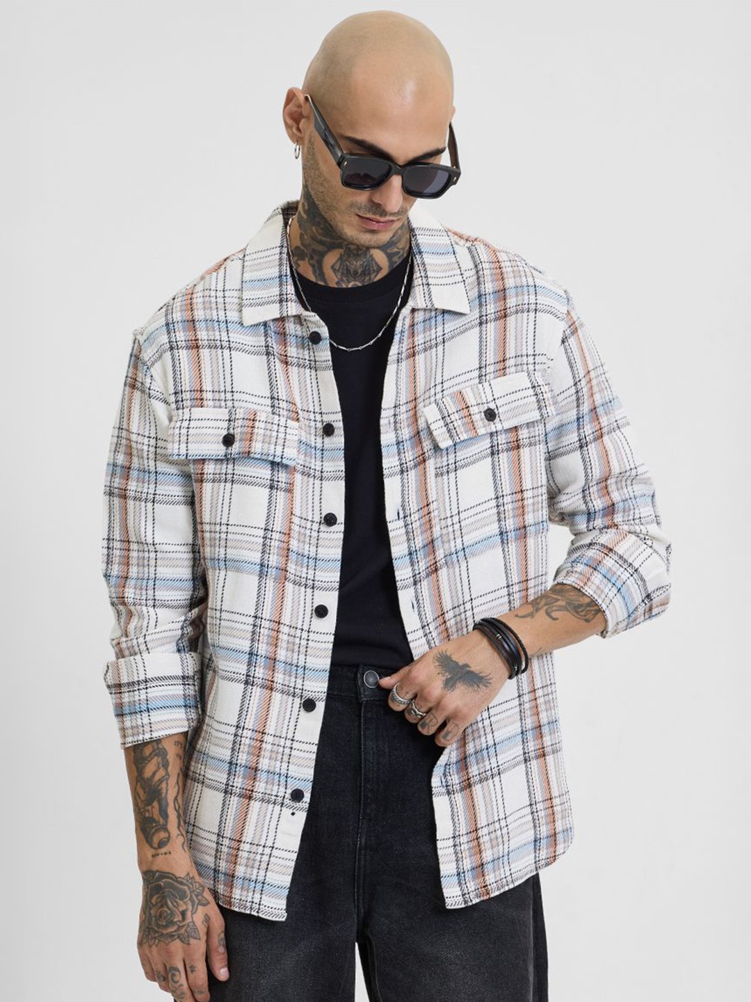 

Snitch Men Checked Open Front Jacket, Off white