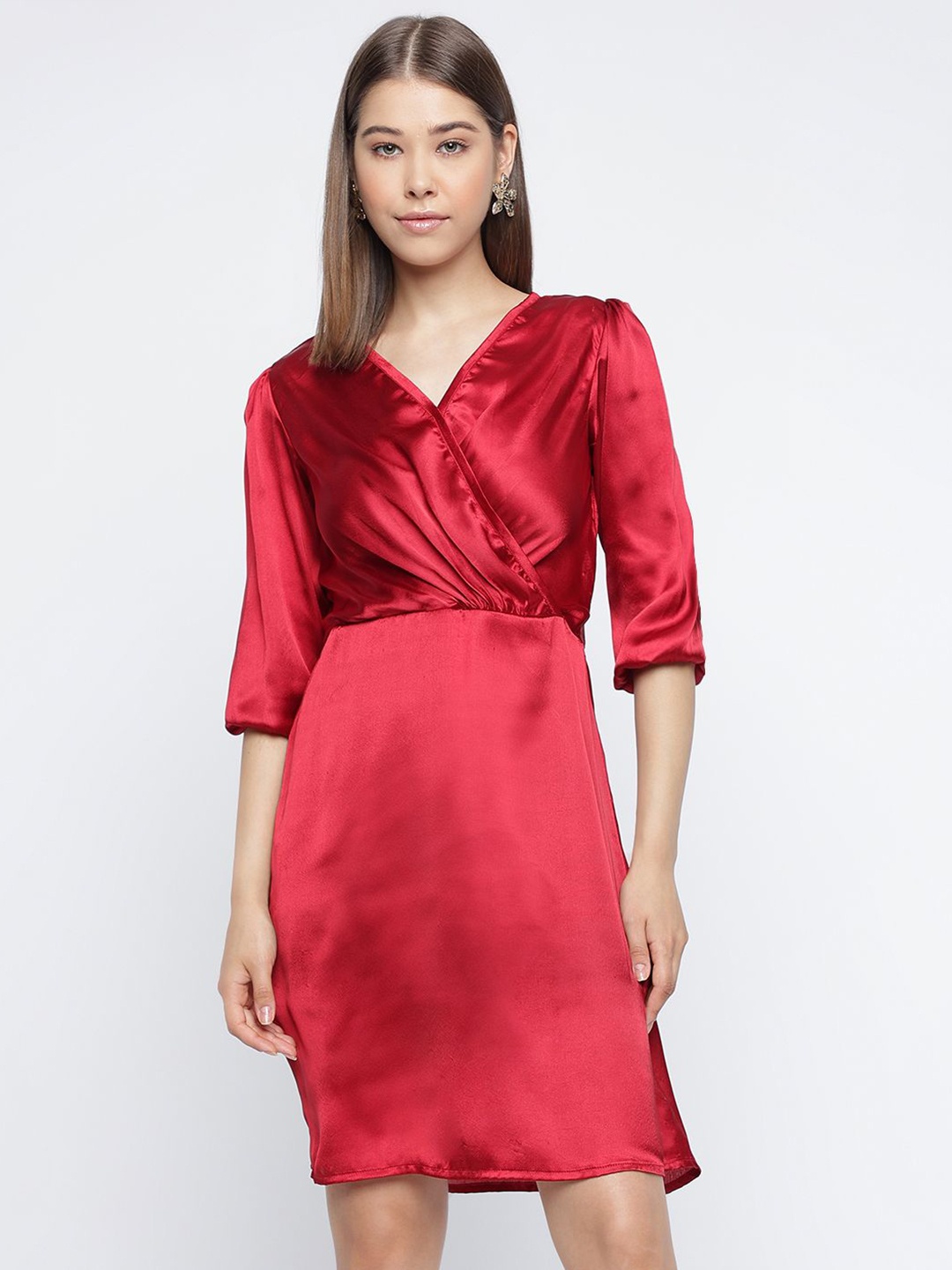 

DressBerry Women V-Neck Above Knee Wrap Satin Dress, Maroon
