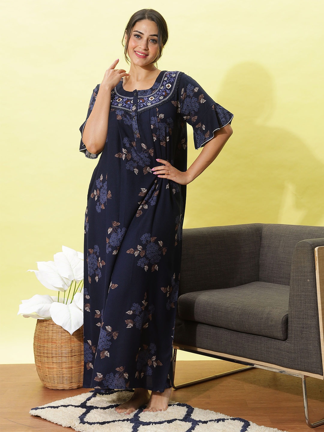 

9shines Label Women Embroidered Maxi Nightdress, Blue
