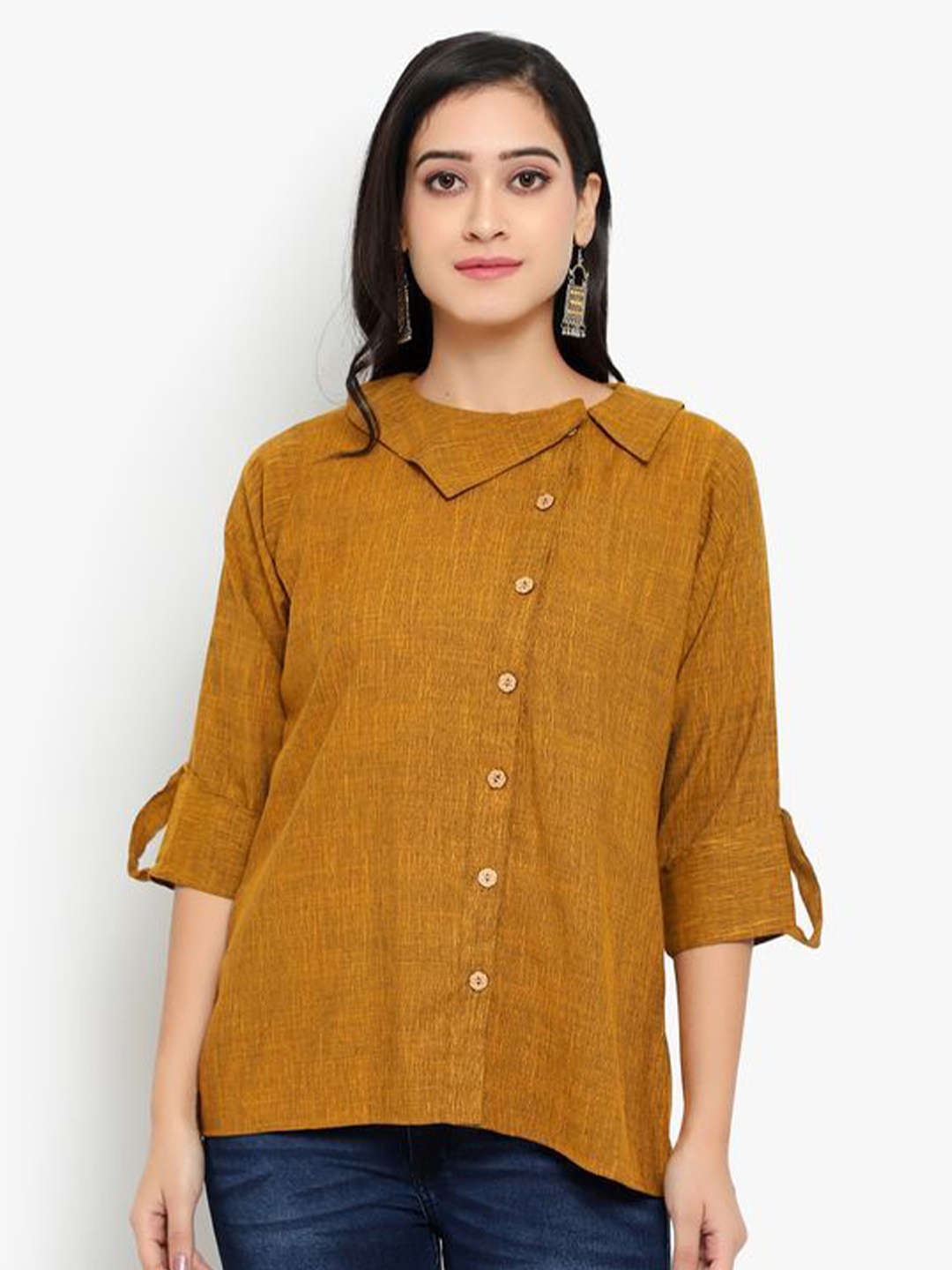 

Indietoga Roll-Up Sleeves Cotton Shirt Style Top, Mustard