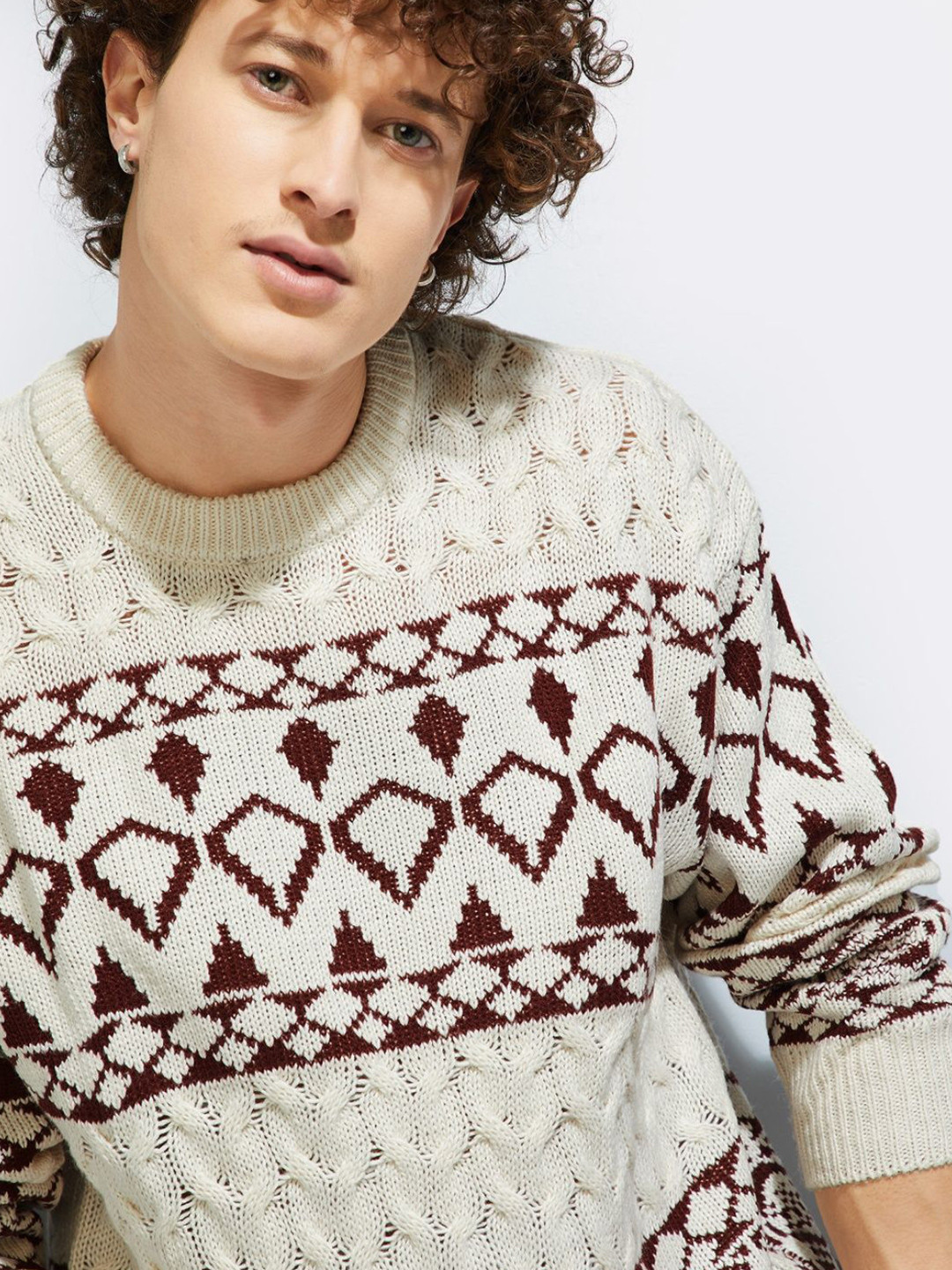 

MAX URB_N Men Patterned Knit Sweater, White