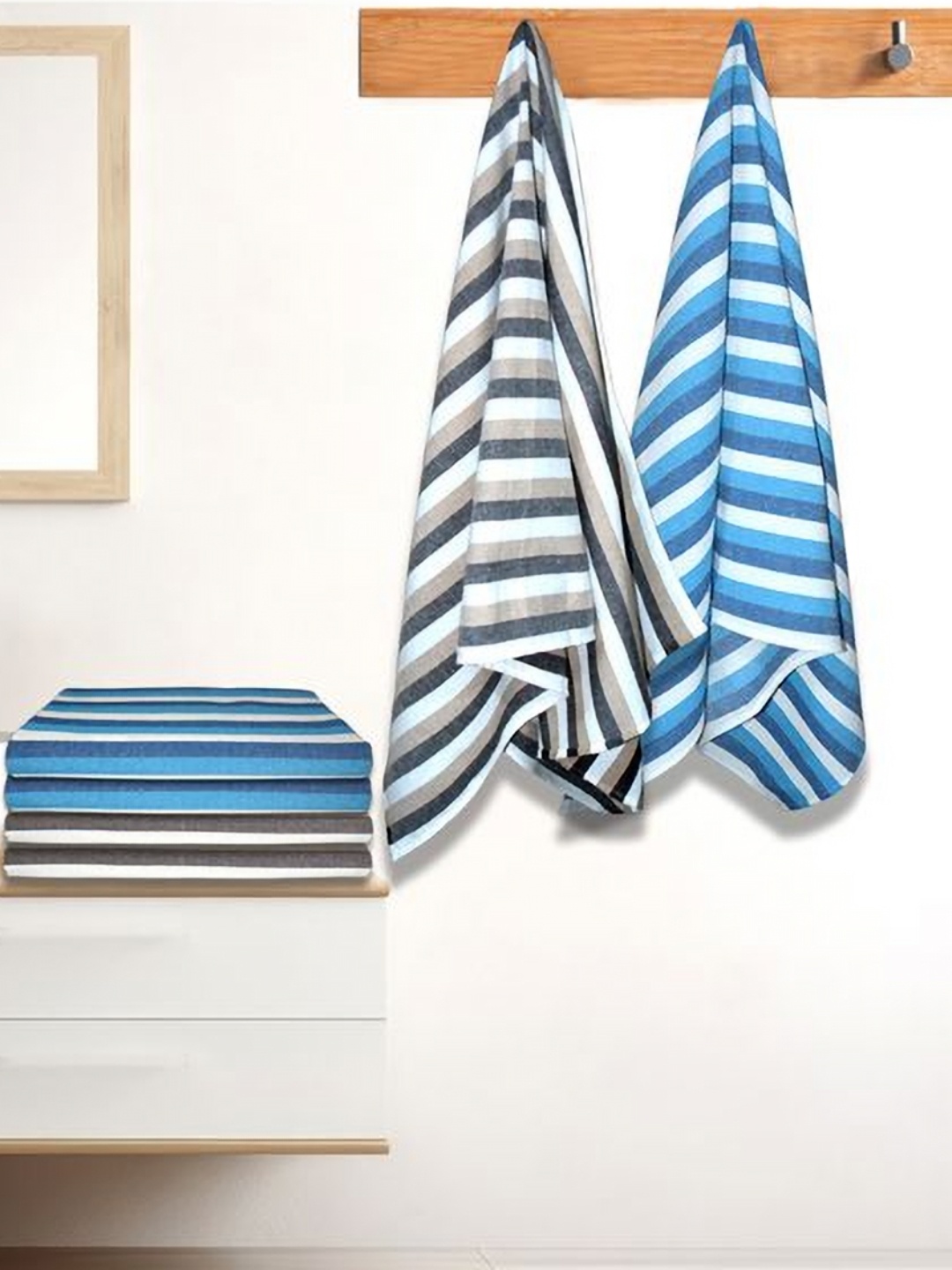 

Athom Living Iris Blue & Black 6 Pieces Striped Printed Cotton 210 GSM Bath Towels