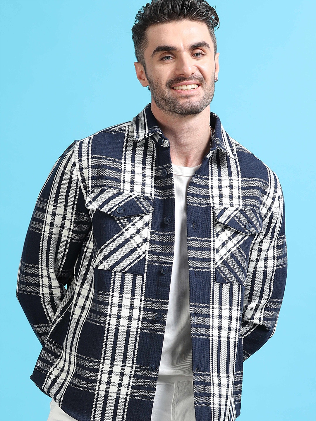 

StitchX Men Relaxed Fit Full Sleeve Textured Checkered Smart Collar Shacket, Blue