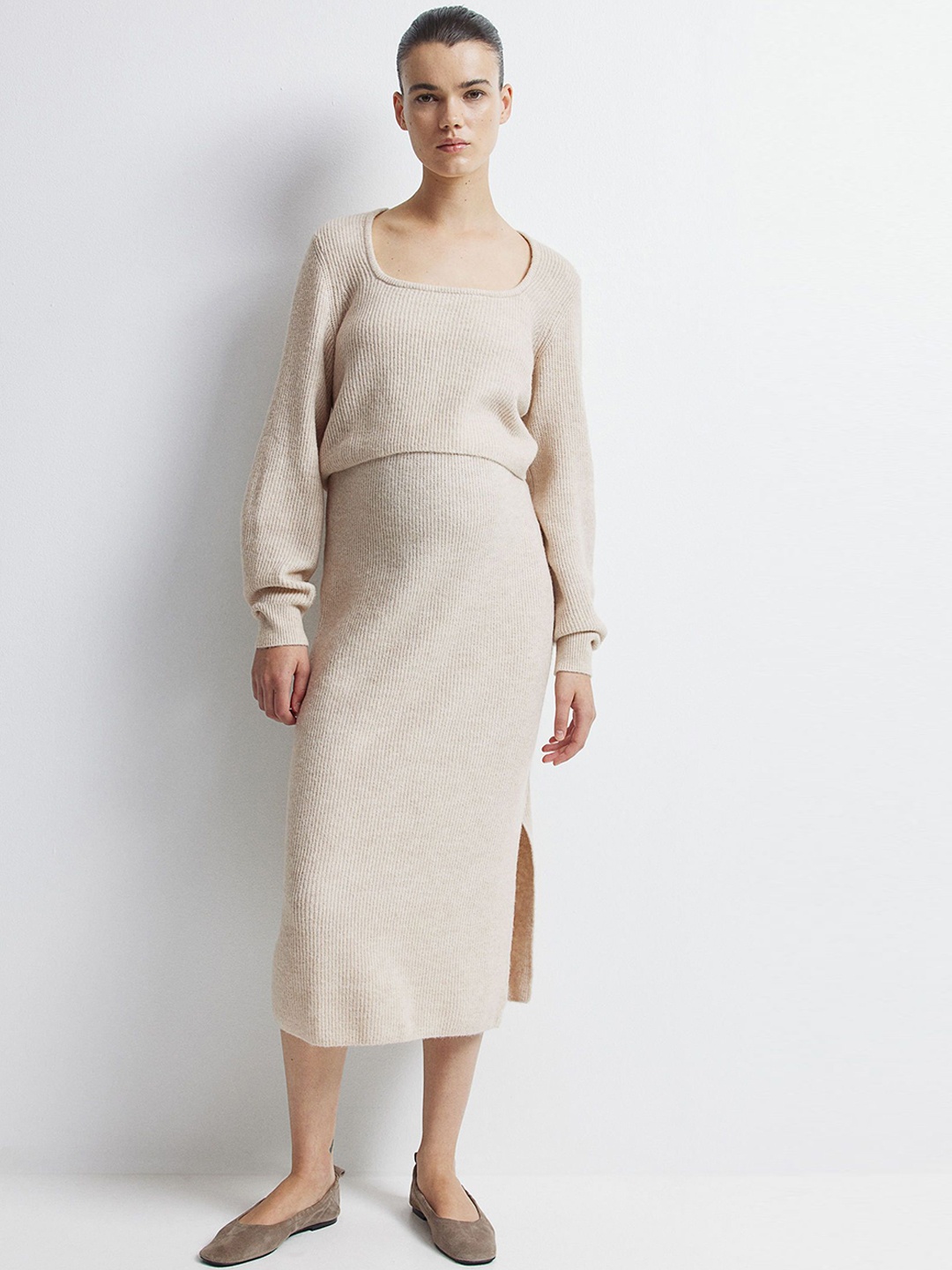 

H&M Women Rib Knit Top & Skirt Co Ord Set, Beige