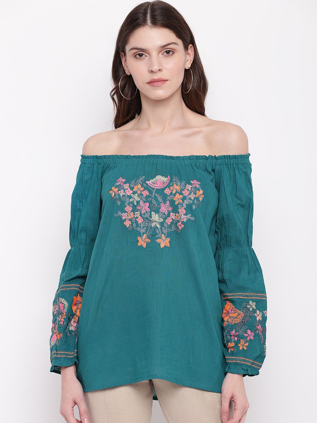 

DressBerry Women Floral Embroidered Cotton Bardot Top, Turquoise blue