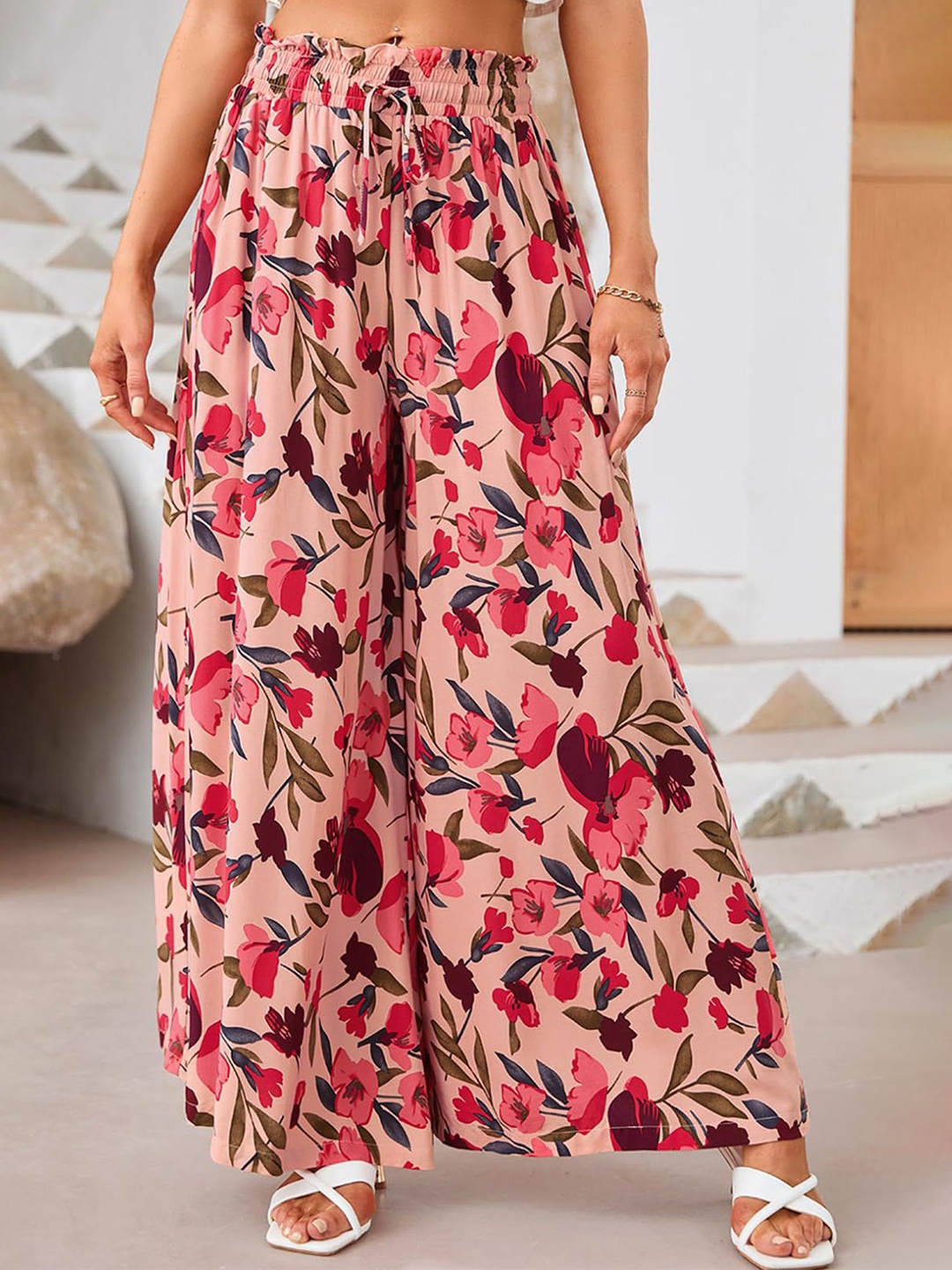 

LULU & SKY Women Floral Printed Loose Fit High-Rise Parallel Trousers, Peach