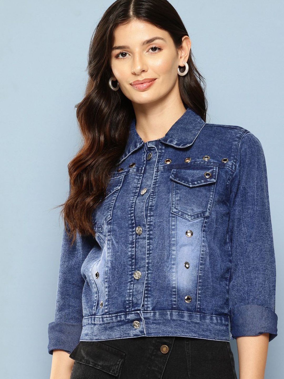 

The Roadster Lifestyle Co Cotton Spread Collar Denim Jacket, Navy blue