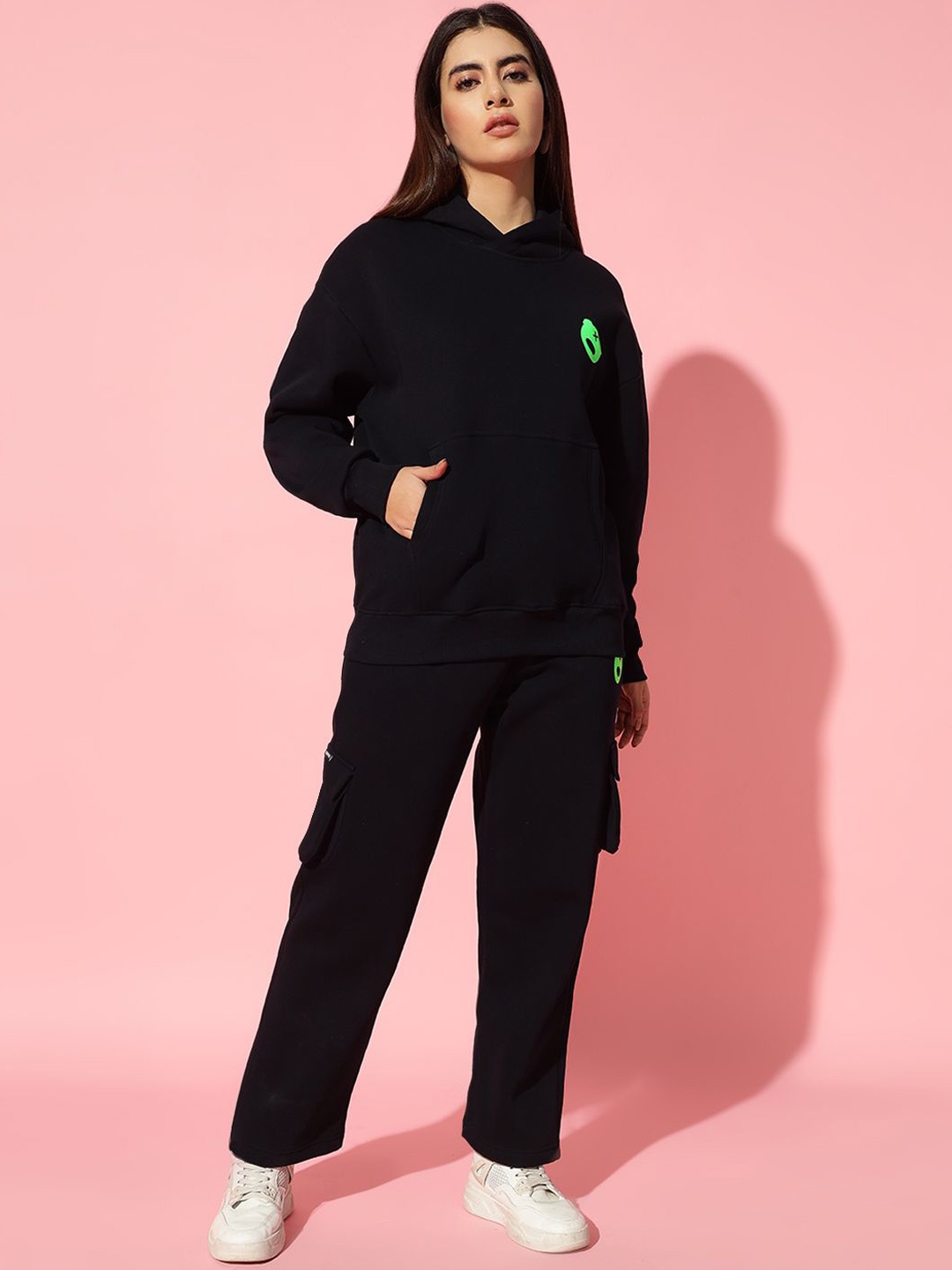

GRIFFEL Printed Hooded Neck Sweatshirt With Trousers Sports Co-Ords, Black