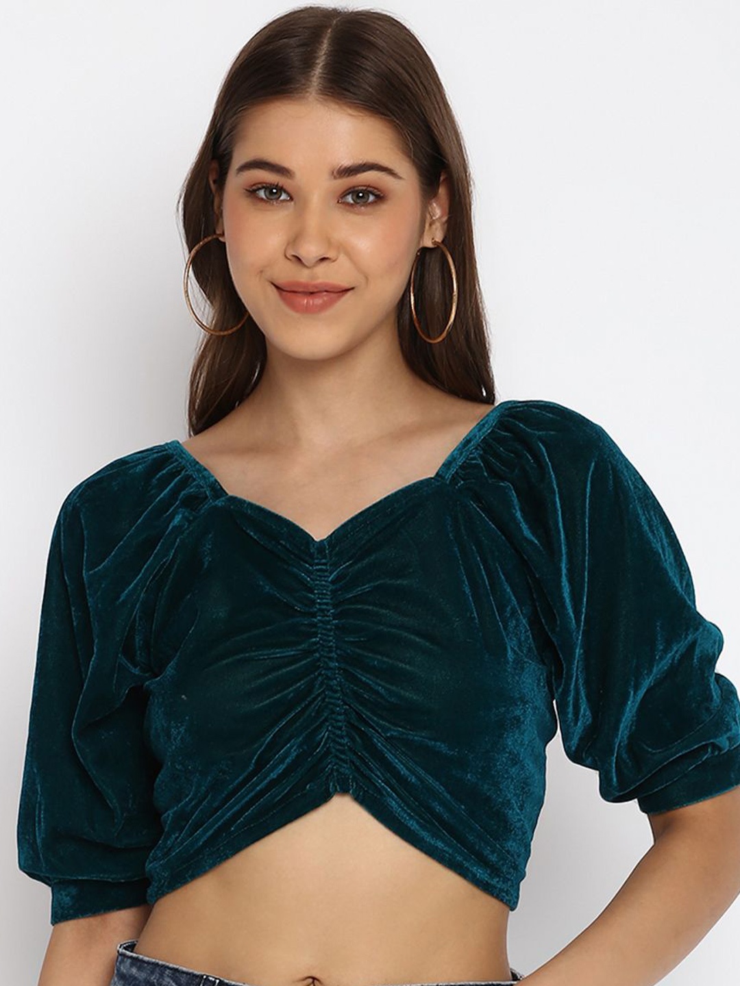 

DressBerry Women Sweetheart Neck Puff Sleeve Crop top, Teal