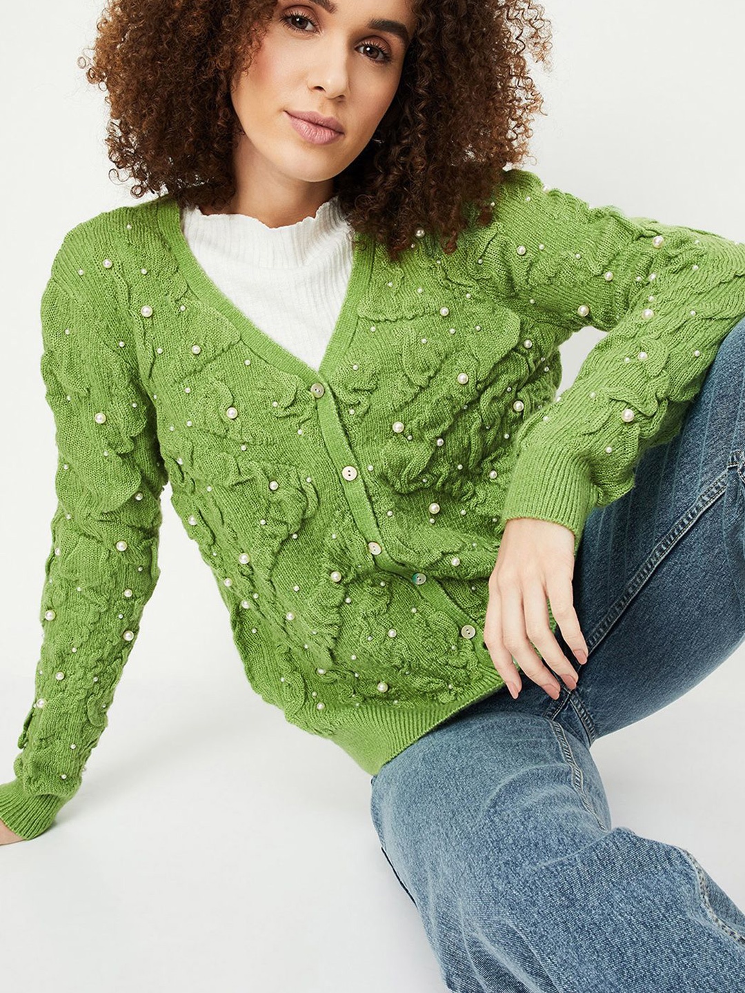 

max Women Embroidered Cardigan, Green