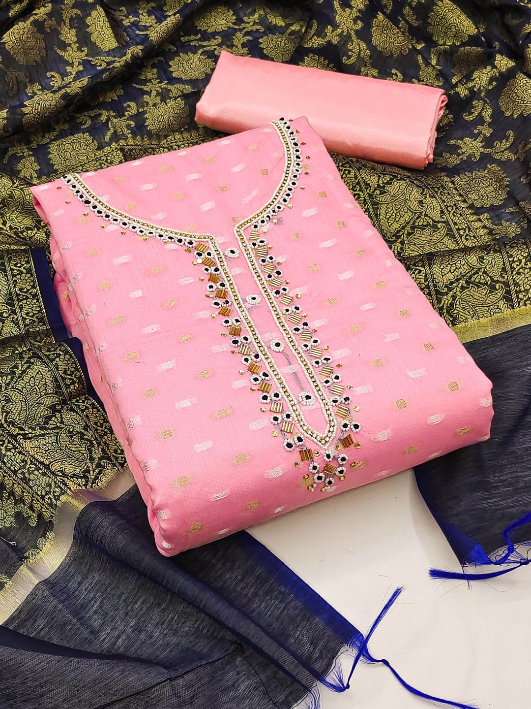 

Maroosh Embellished Unstitched Dress Material, Pink