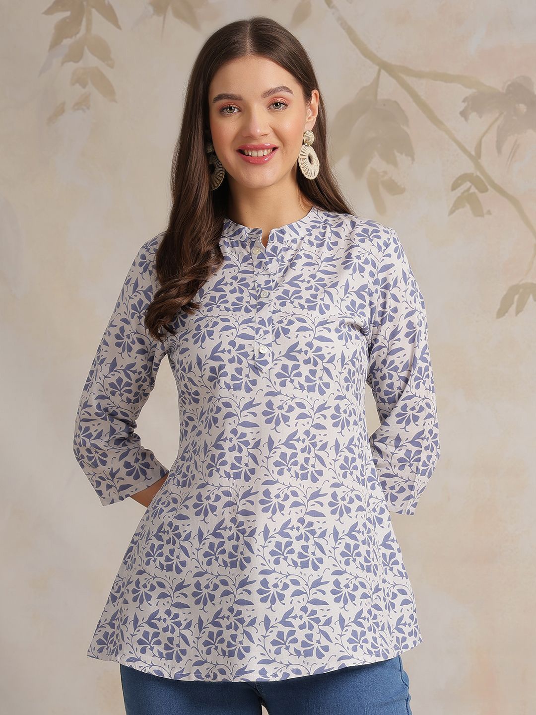 

Anouk Rustic Floral Print Mandarin Collar Top, Off white