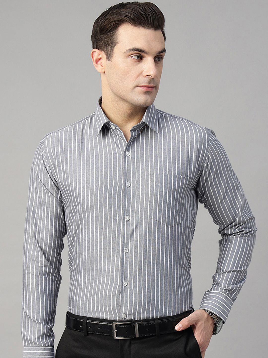 

Hancock Men Standard Slim Fit Opaque Striped Wrinkle Ressistant Formal Shirt, Grey