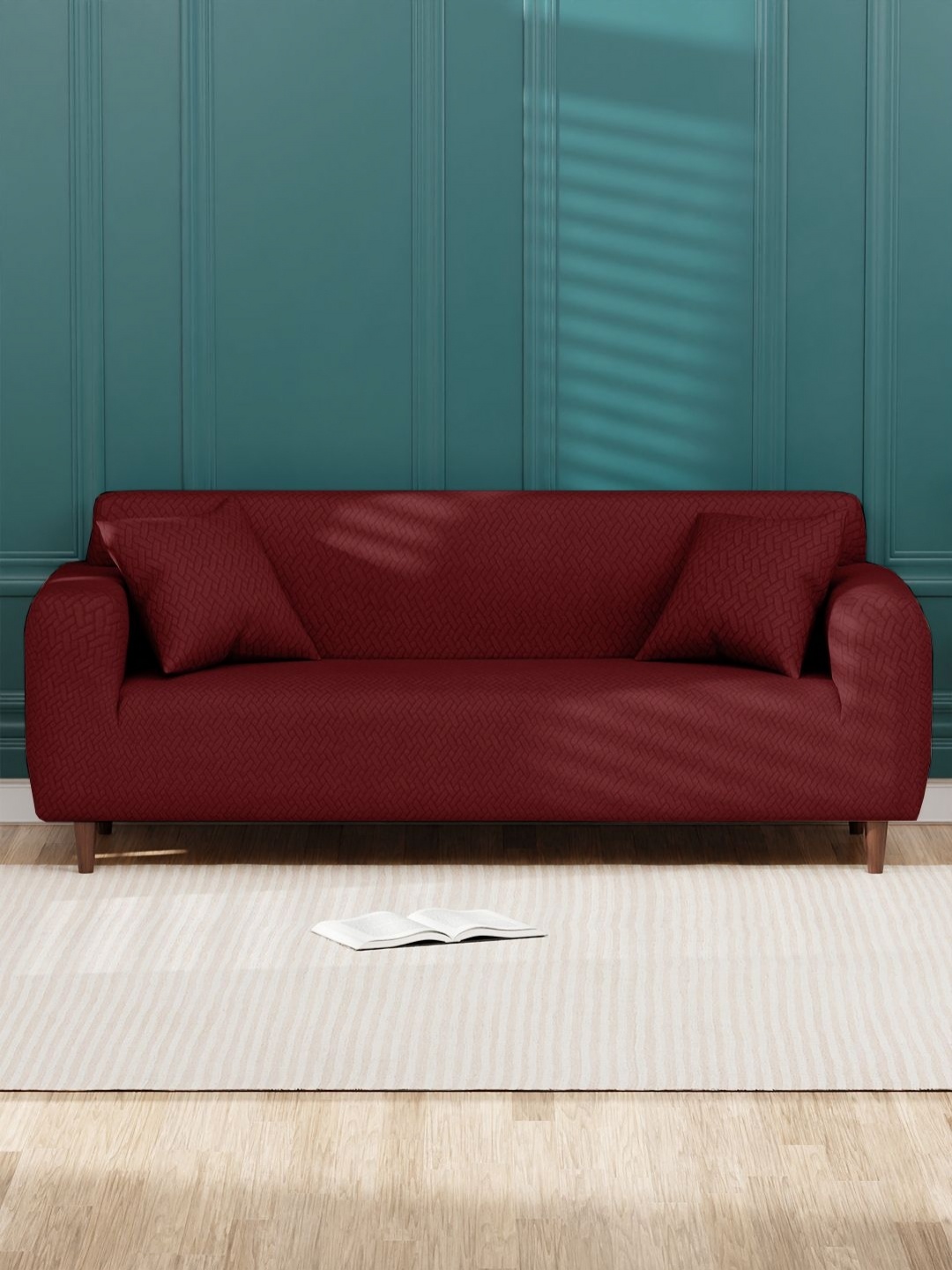

Myntra Elegant Homes Red Textured Three Seater Sofa Cover With 2 Cushion Covers