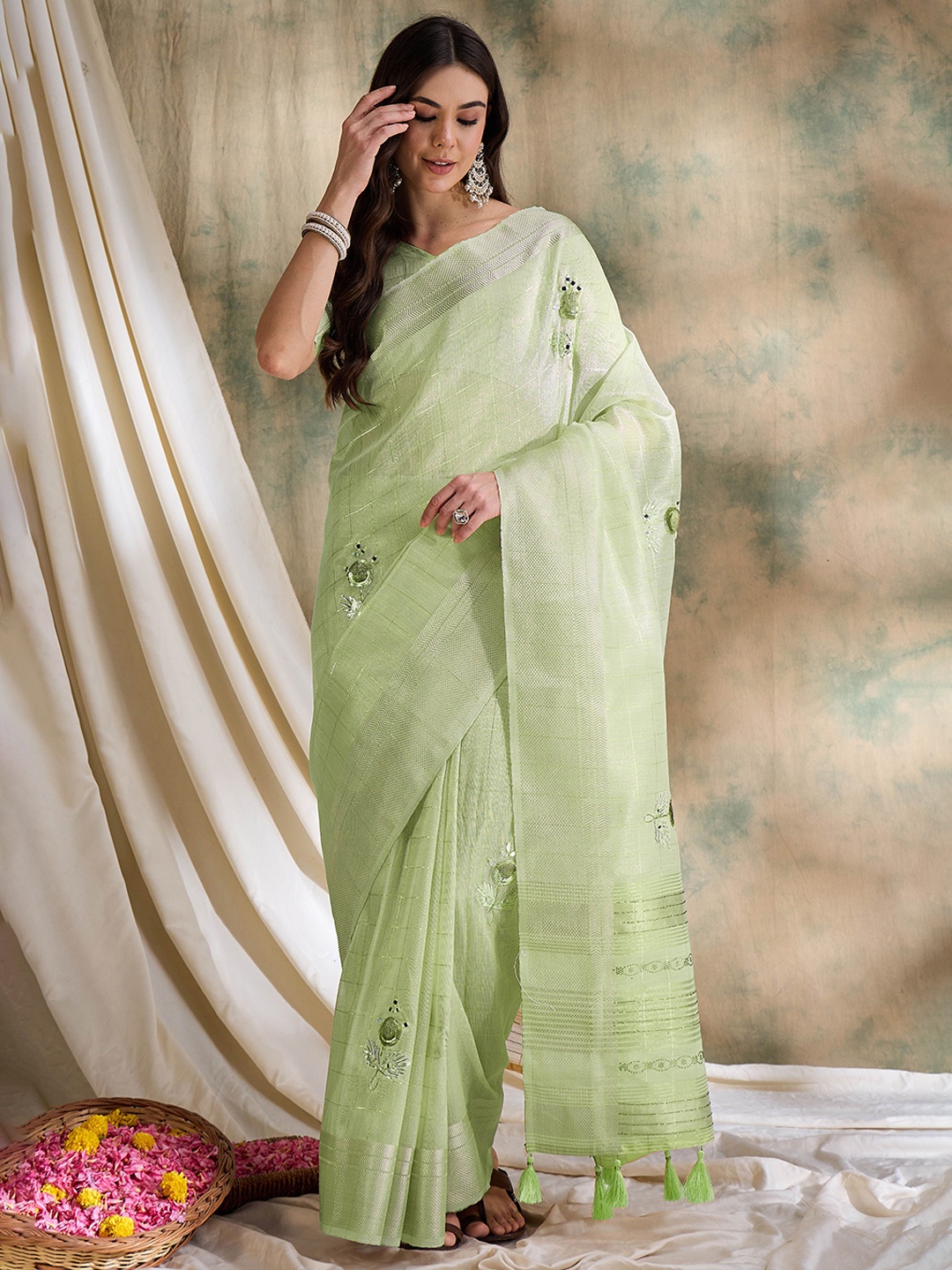 

Suha Embellished Mirror Work Saree, Green