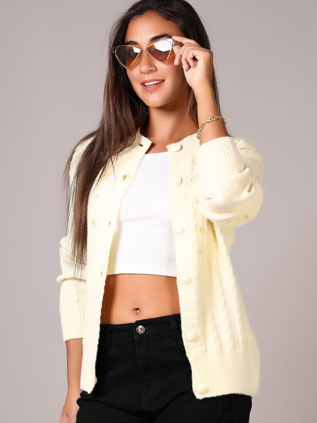 

V-Mart Women Open Knit Cotton Cardigan, Cream