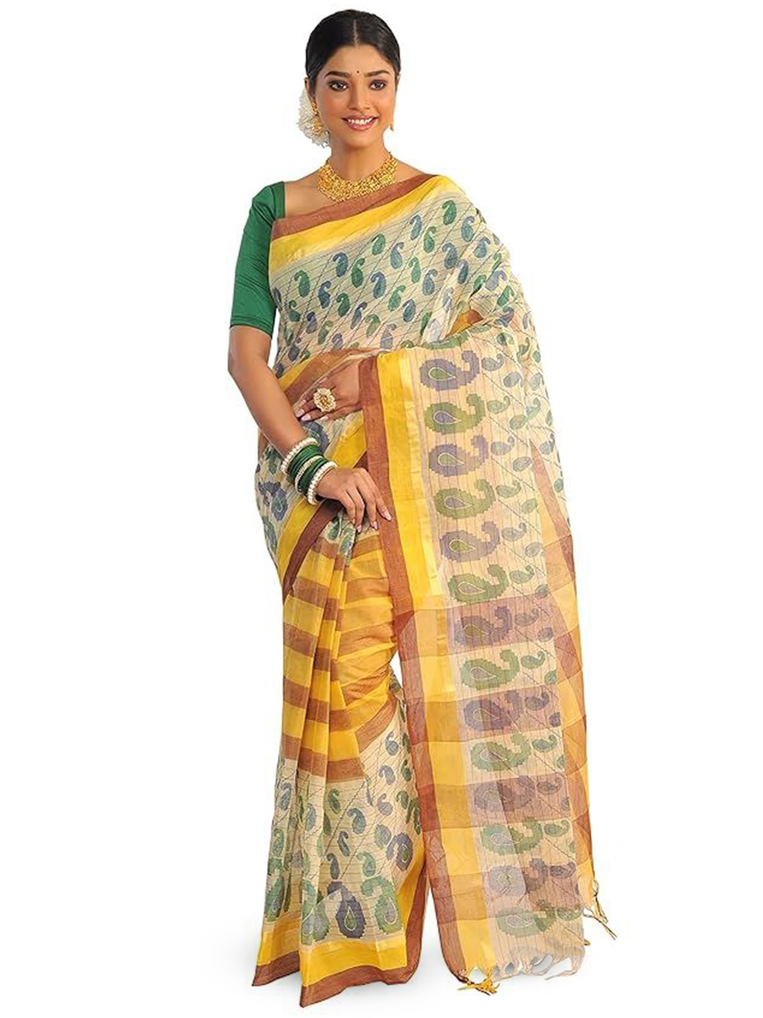

RAJ SAREE HOUSE Paisley Pure Cotton Taant Saree, Cream