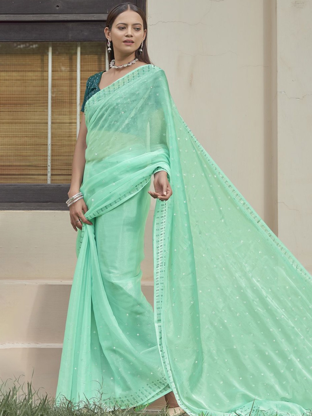 

Kalista Embellished Beads and Stones Pure Chiffon Saree, Sea green