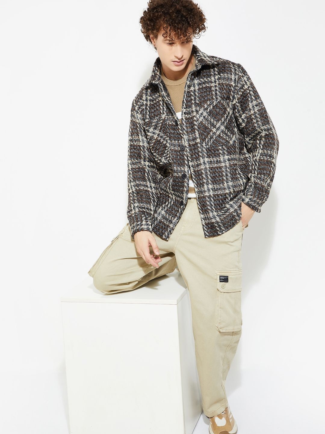 

MAX URB_N Men Checked Oversized Overshirt, Brown