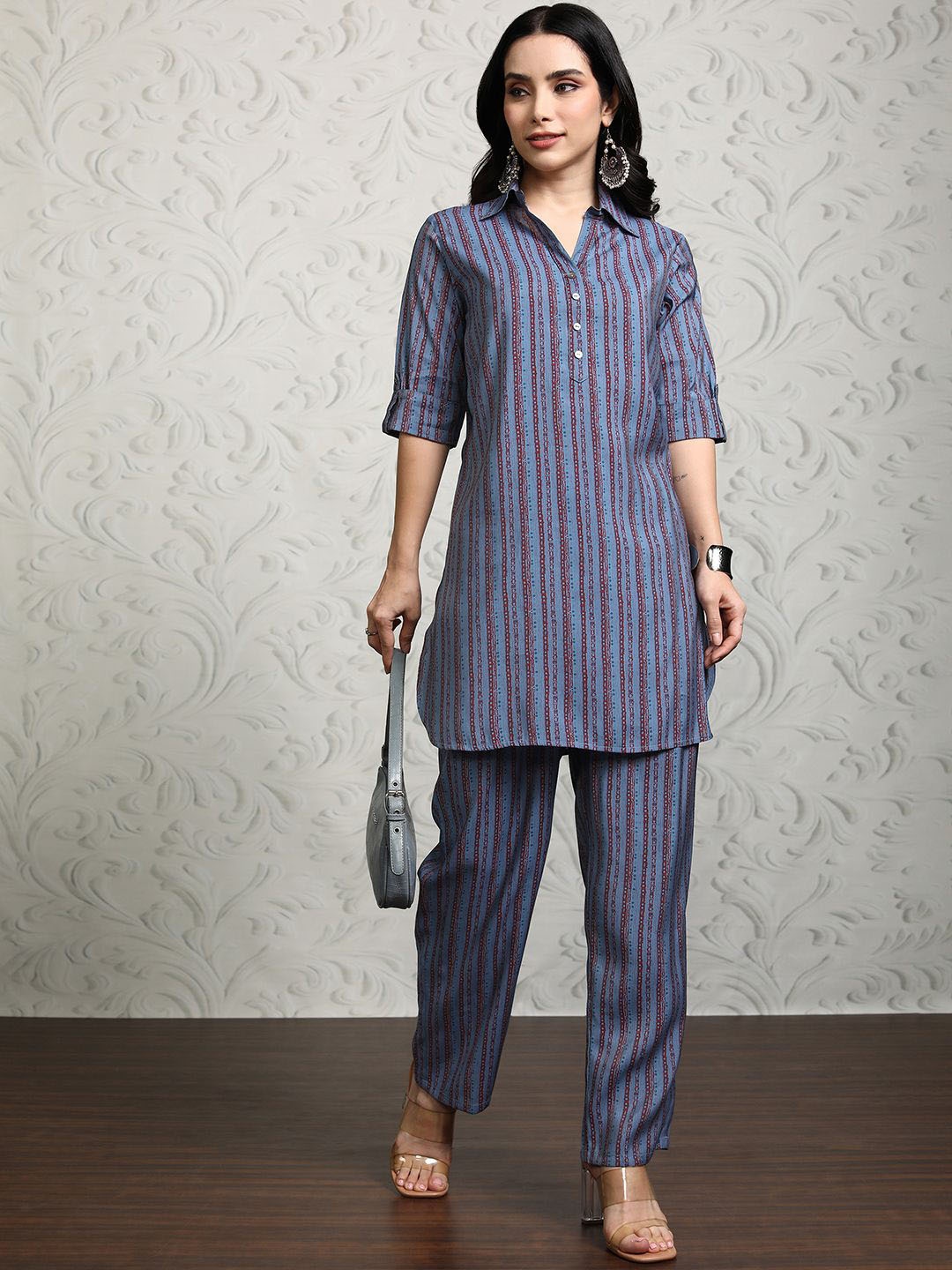 

Vishudh Striped Shirt Collar Tunic With Trousers, Teal