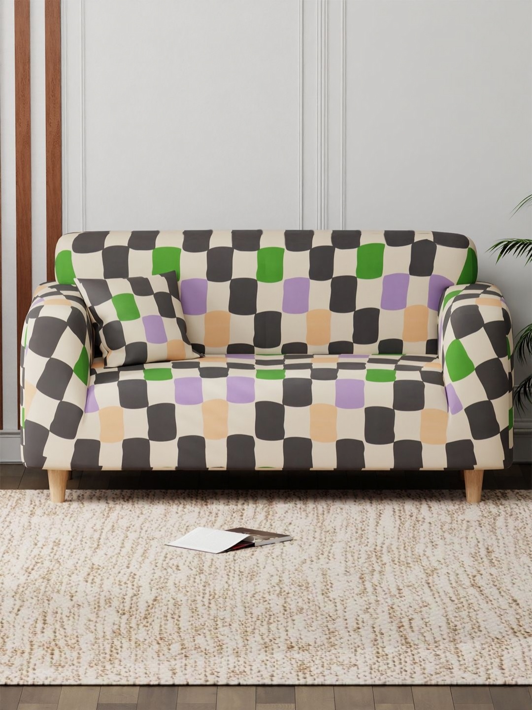 

Myntra Elegant Homes Cream-Coloured Checked Two Seater Sofa Cover With Cushion Cover