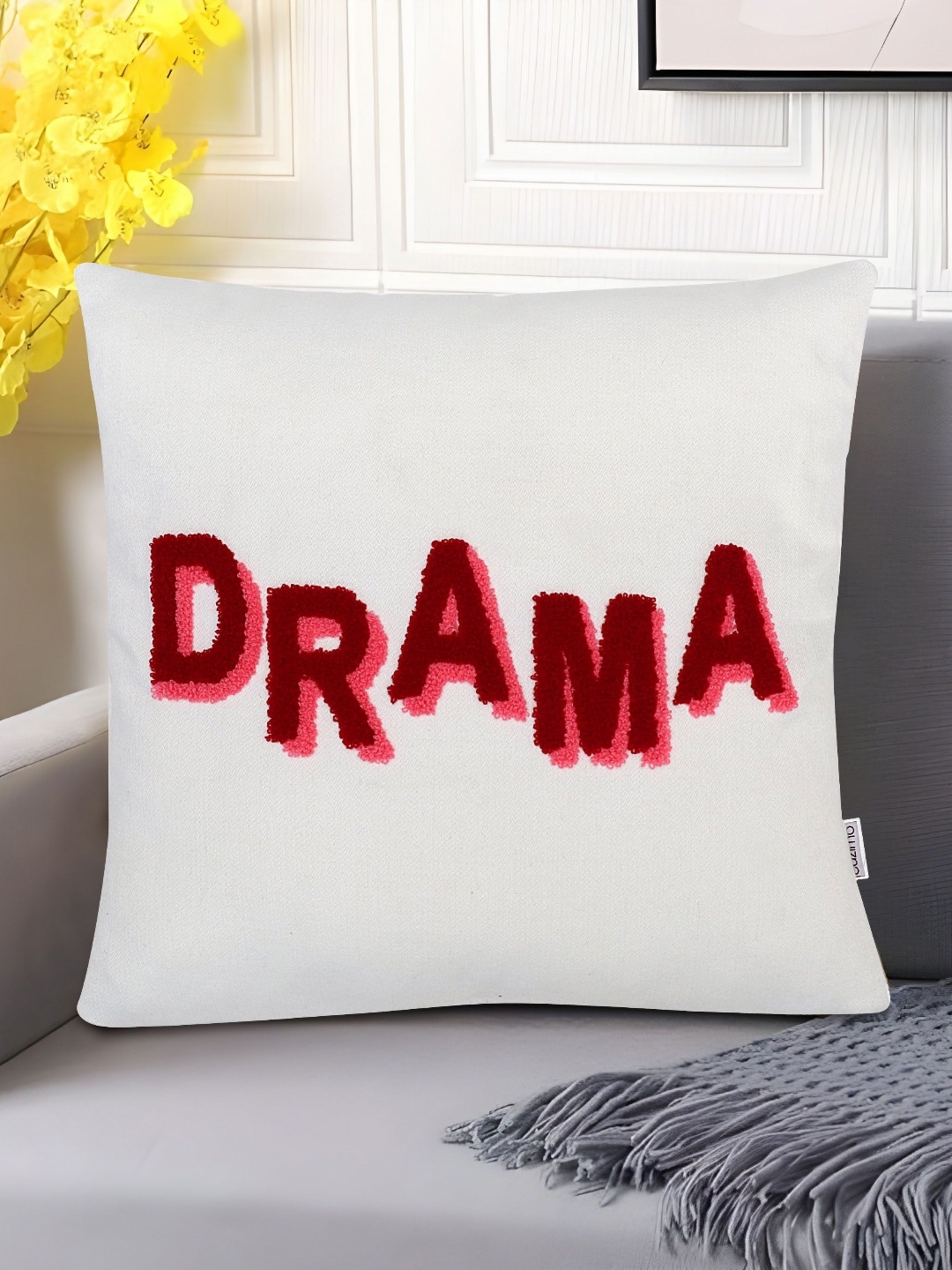 

CAZIMO White & Red Embroidered Square Cushion Cover