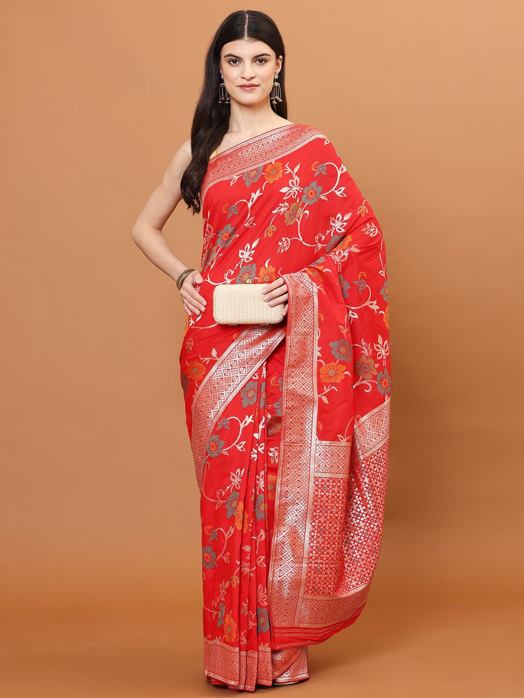 

Meena Bazaar Floral Woven Banarasi Art Silk Saree, Red