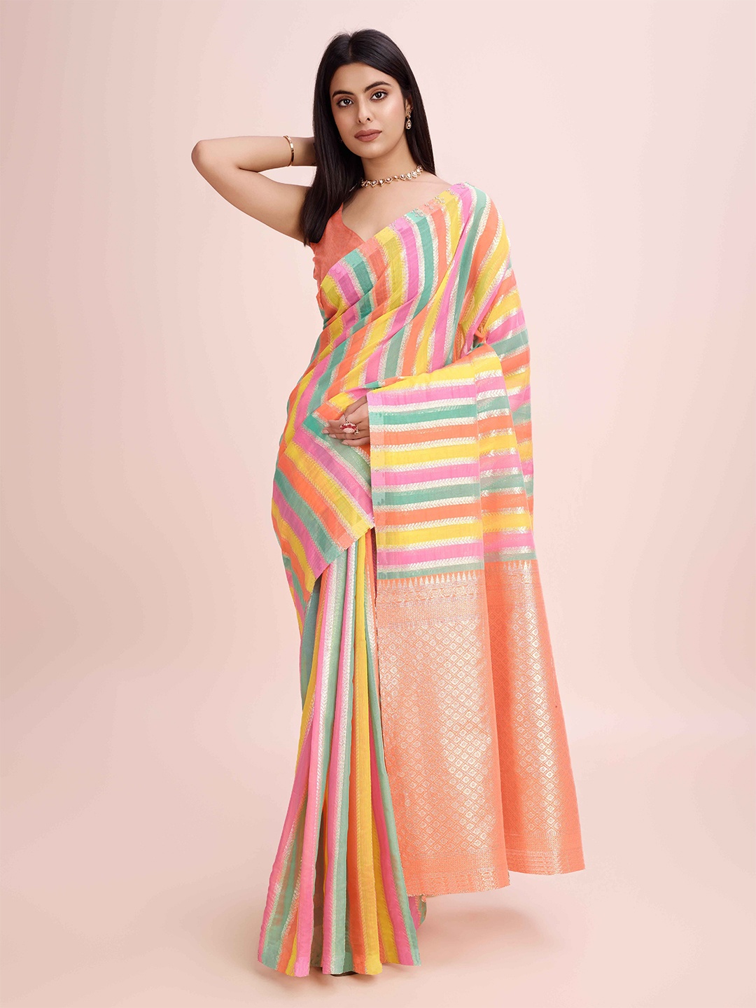 

ZIKARAA Striped Zari Pure Silk Saree, Orange