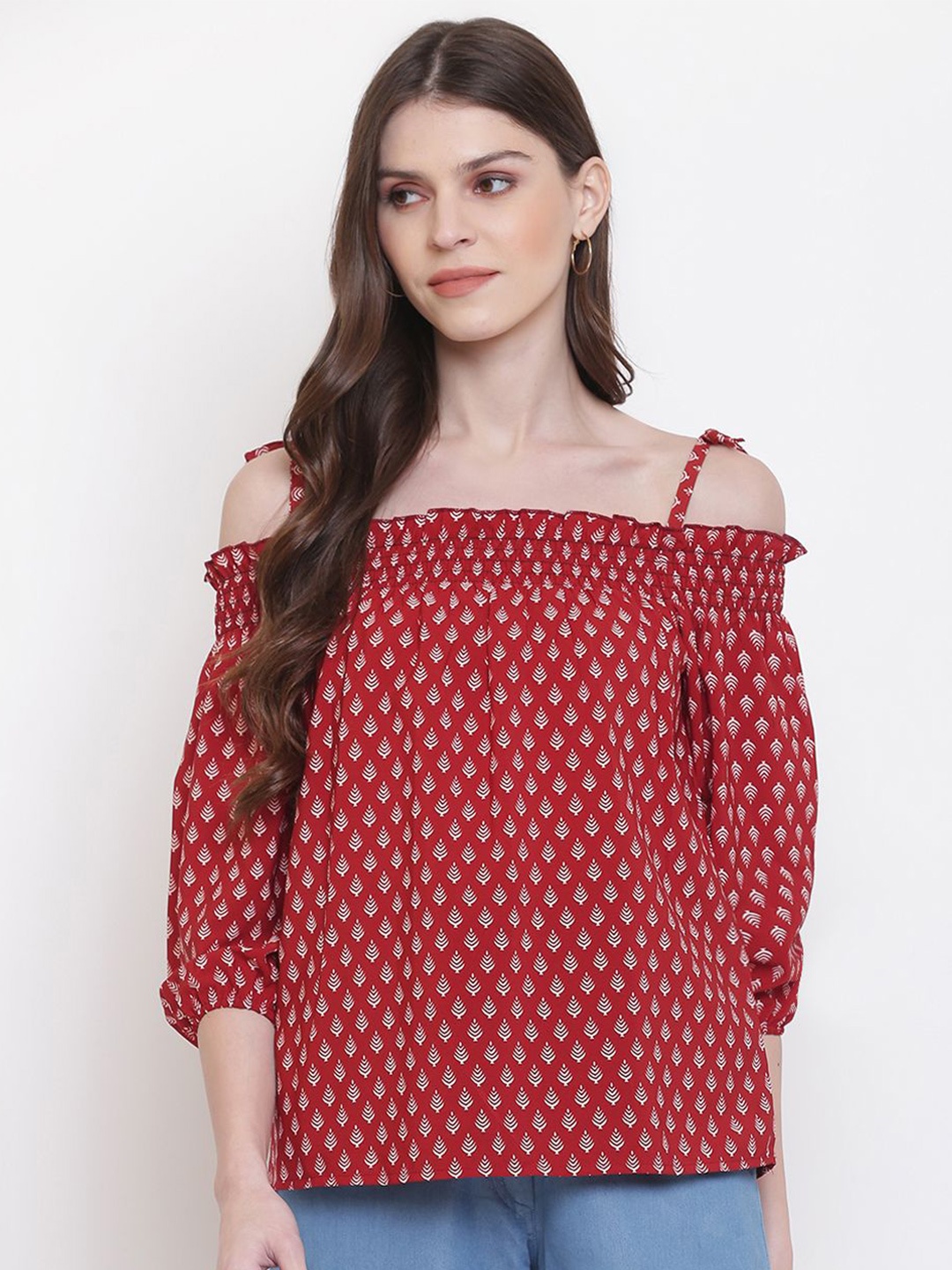 

DressBerry Ethnic Motifs Printed Bardot Top, Red