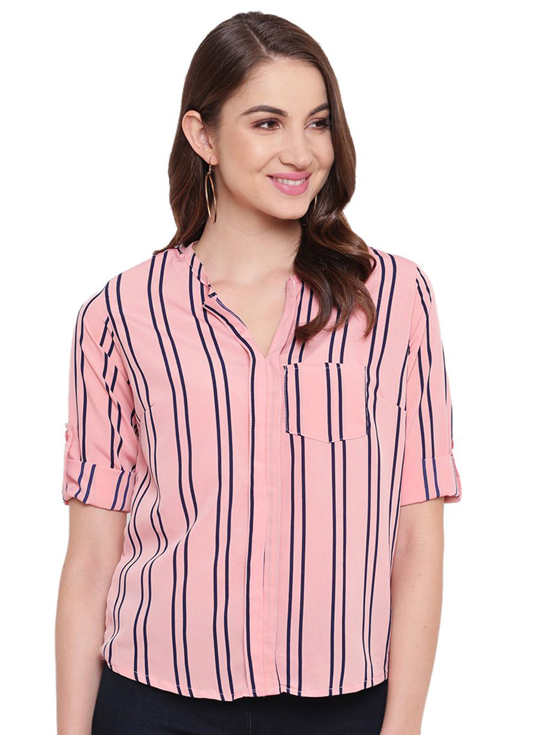 

DressBerry Women Striped Crepe Shirt Style Top, Pink