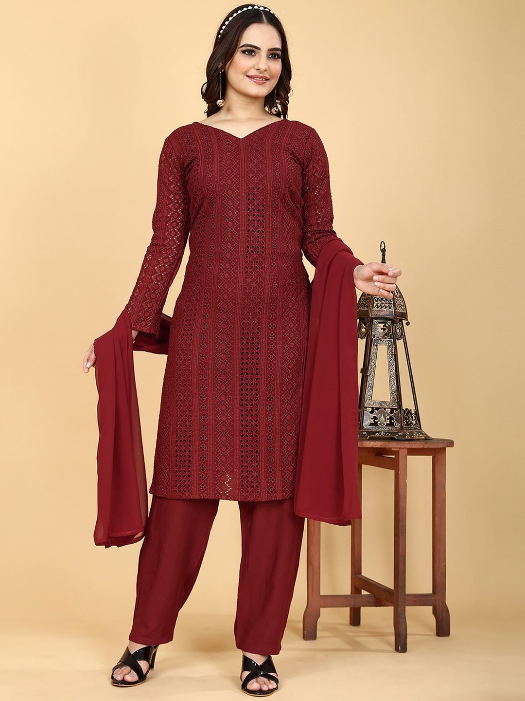 

KALINI Women Embroidered Regular Thread Work Kurta with Pyjamas & With Dupatta, Red