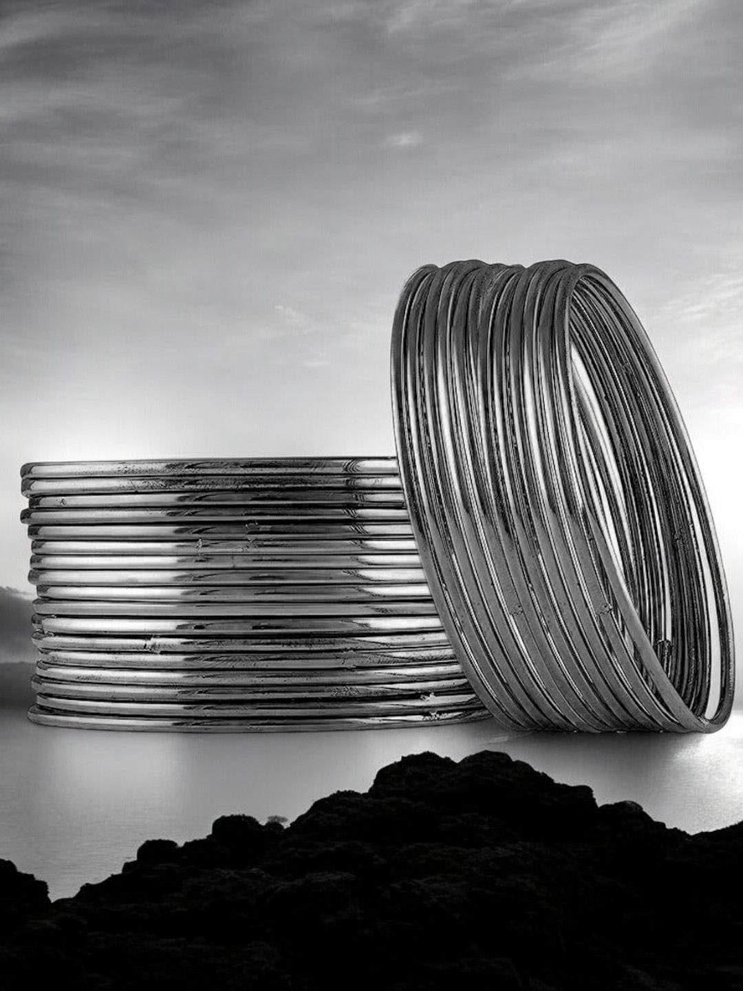 

Sangria Set Of 36 Oxidized Bangles, Silver