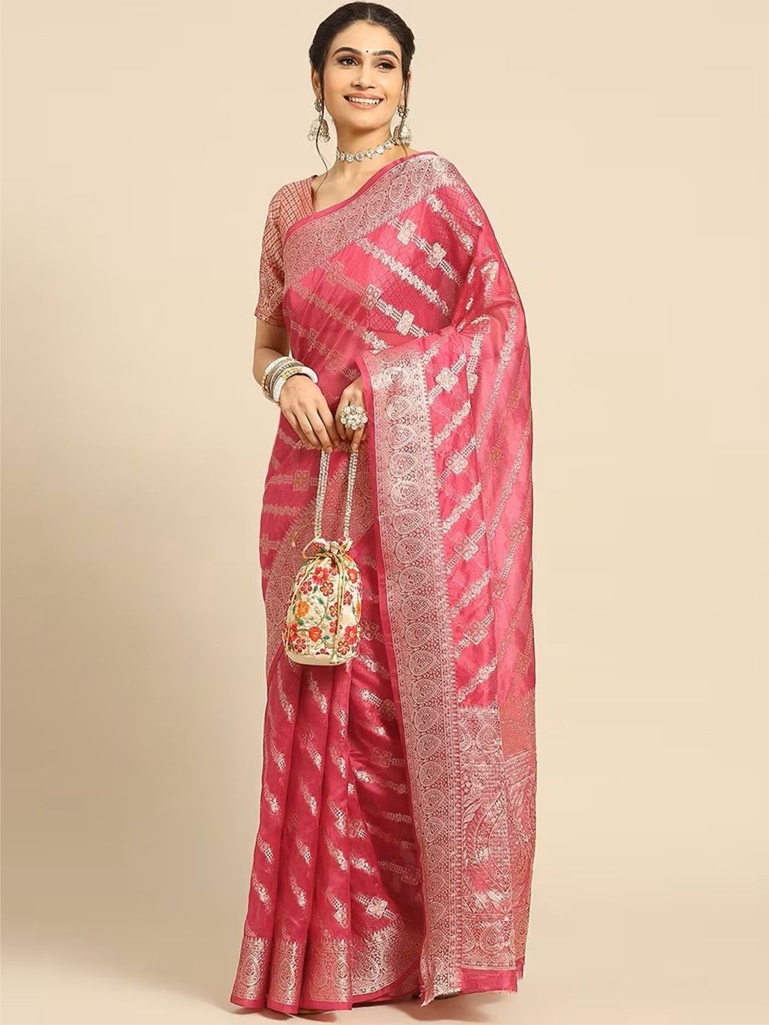 

SHRIMAY Woven Design Organza Banarasi Saree, Pink