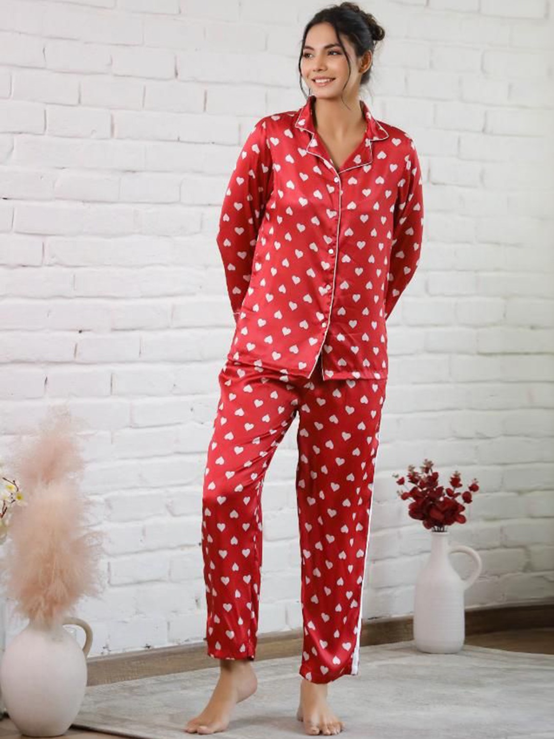 

FLAVIA CREATION Printed Lapel Collar Long Sleeves Shirt With Pyjama, Red