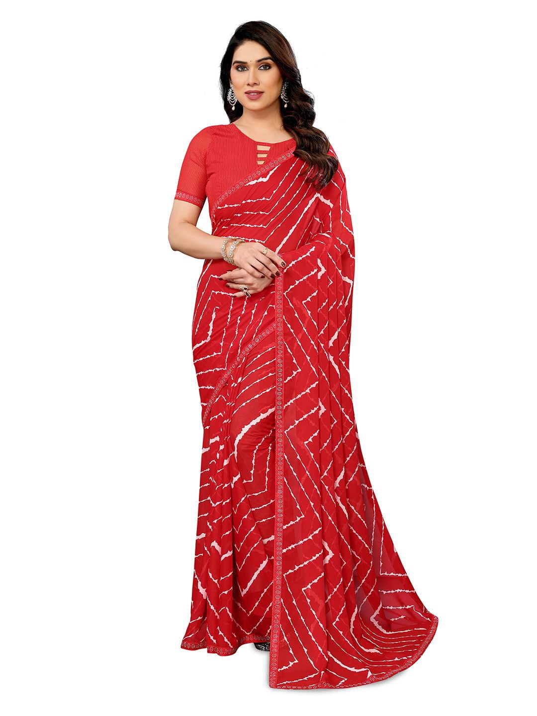 

ANAND SAREES Tie and Dye Beads and Stones Pure Georgette Saree, Red