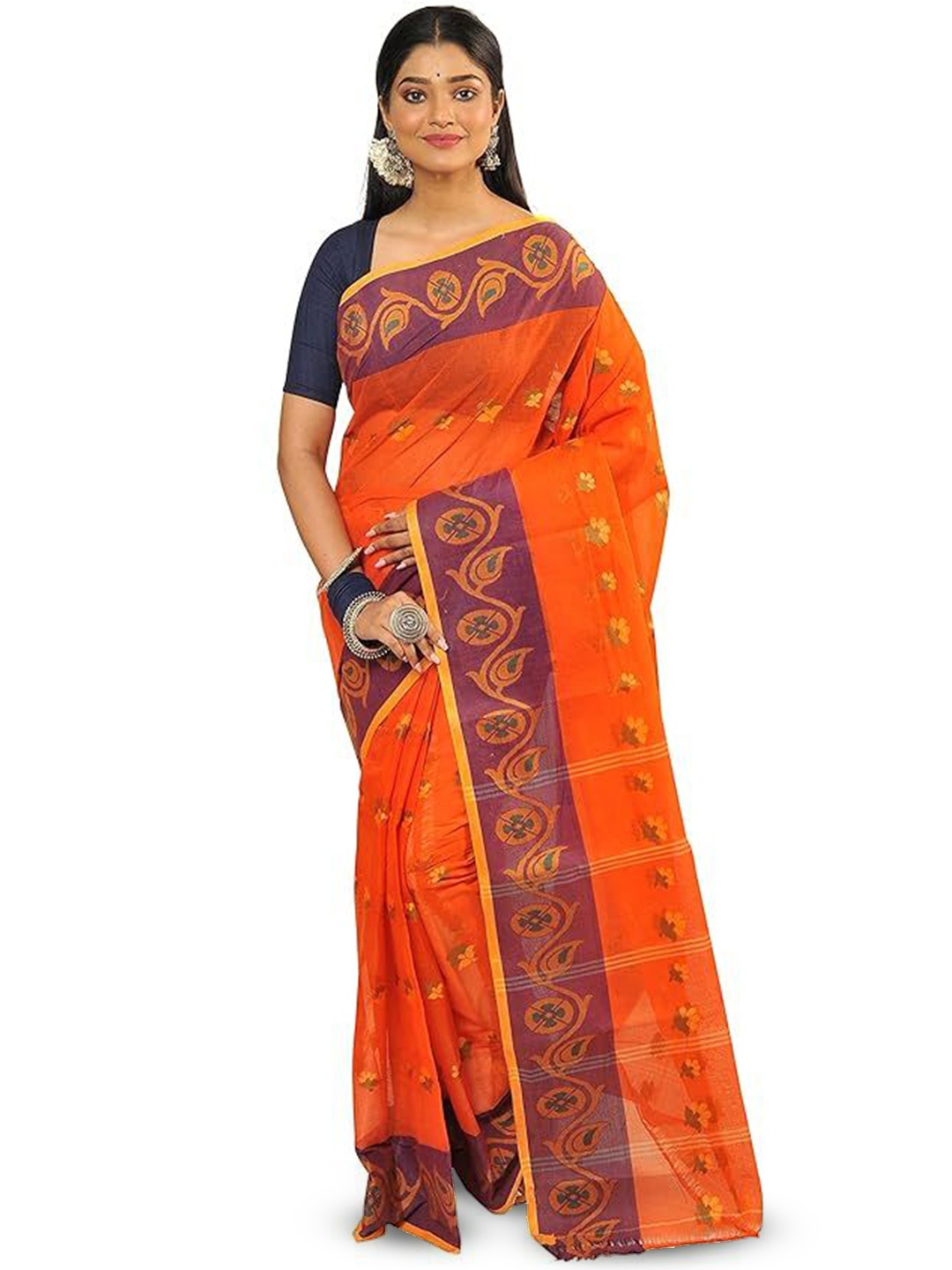 

RAJ SAREE HOUSE Pure Cotton Woven Design Zari Taant Saree, Orange