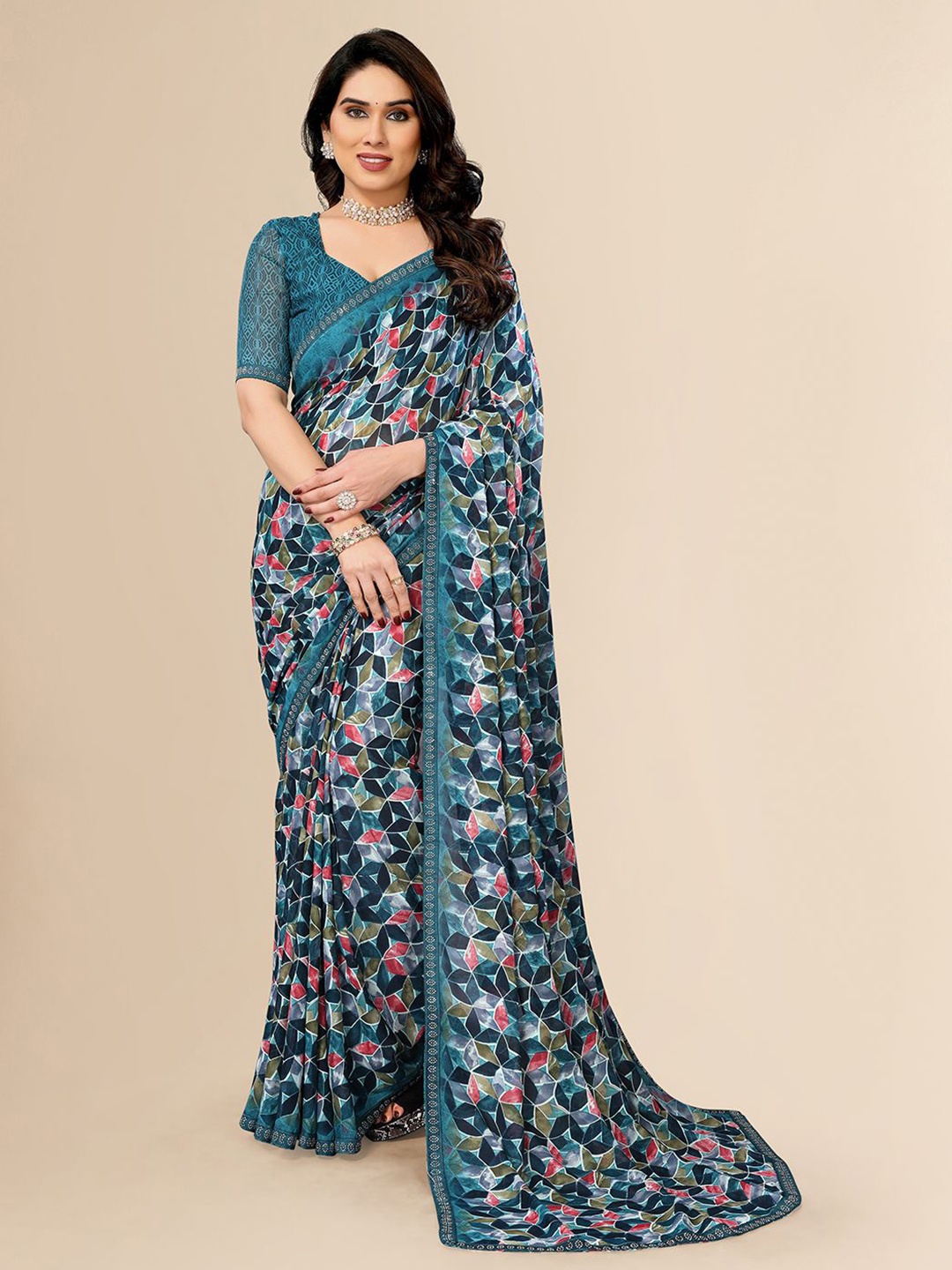 

ANAND SAREES Floral Sequinned Pure Georgette Saree, Blue