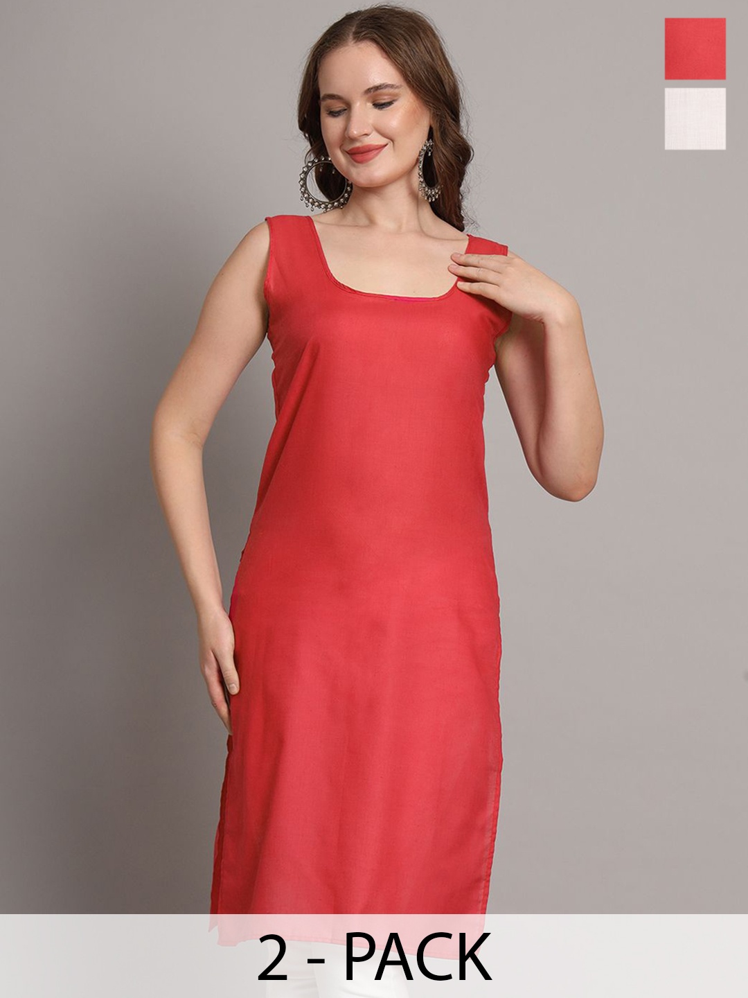 

The Chikan Label Women Pack Of 2 Round Neck Cotton Slips, Coral