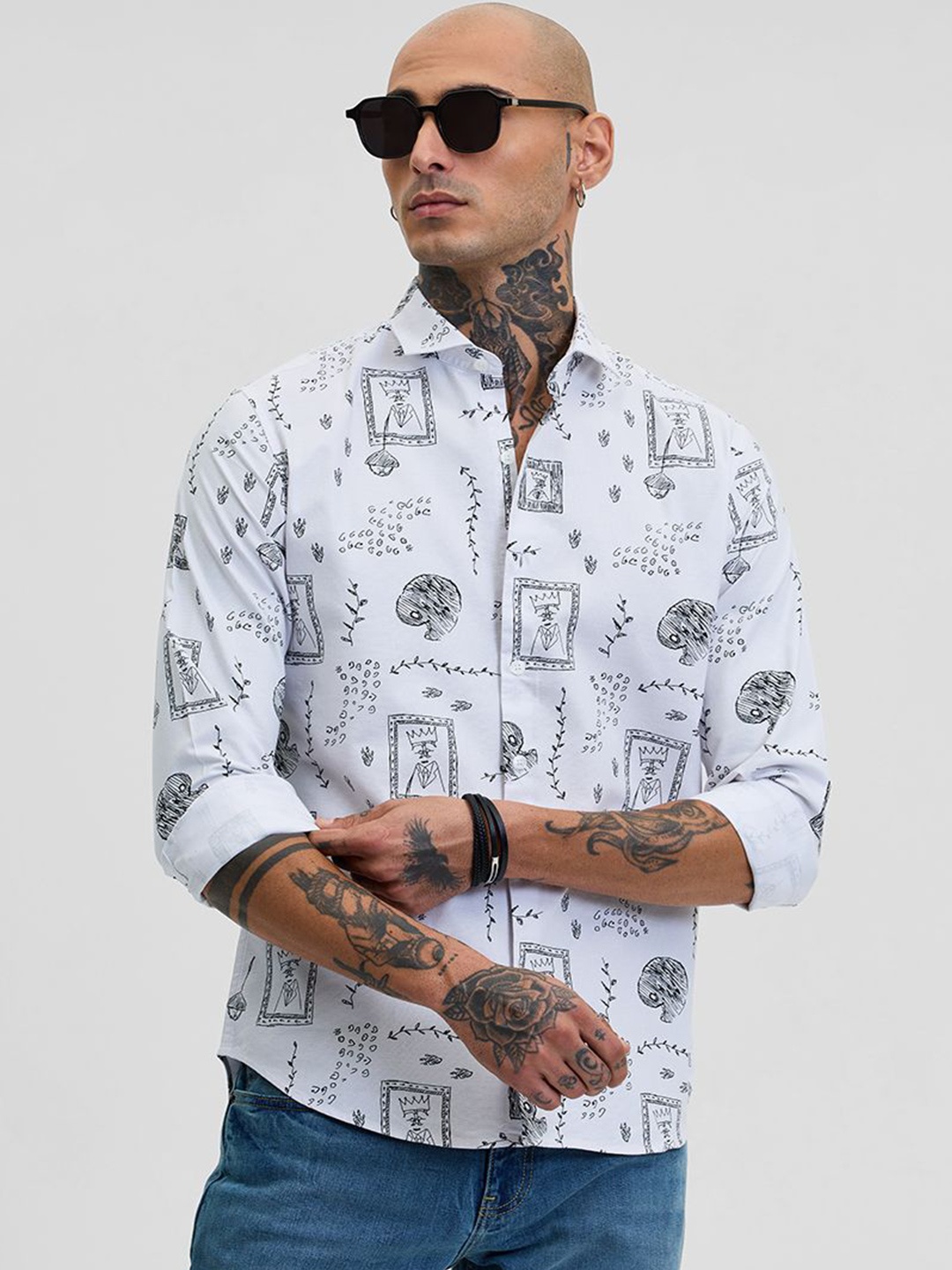 

Snitch Men Smart Slim Fit Opaque Printed Casual Shirt, White