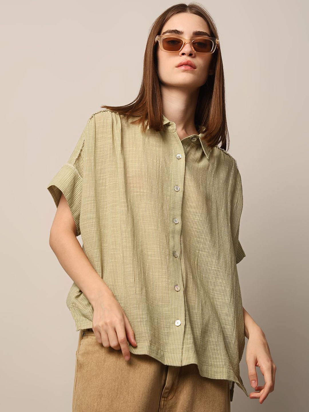 

ONLY Women Pinstripes Opaque Striped Casual Shirt, Green