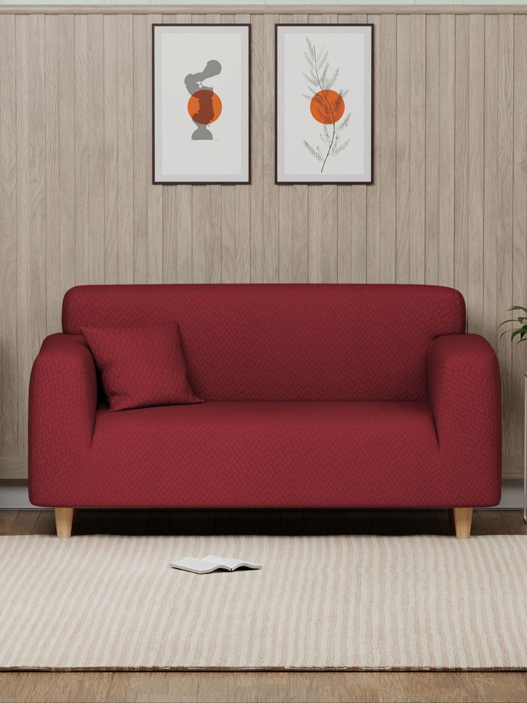 

Myntra Elegant Homes Red Textured Two Seater Sofa Cover With Cushion Cover