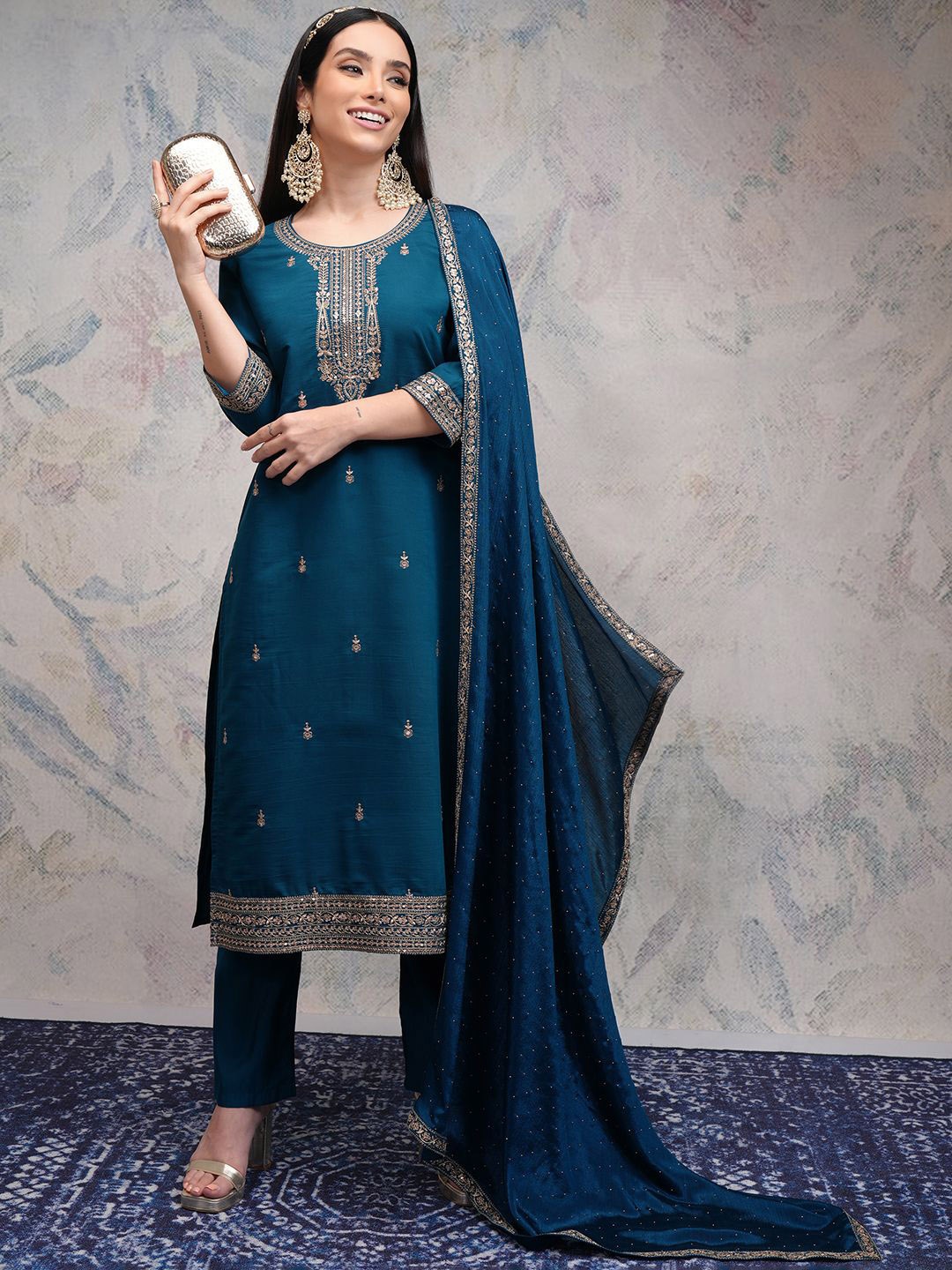

Vishudh Women Embroidered Regular Thread Work Kurta with Palazzos & With Dupatta, Teal