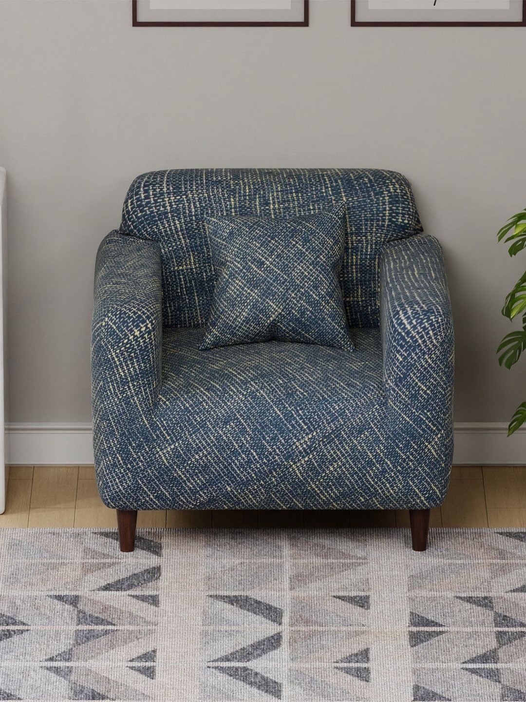 

Myntra Elegant Homes Yellow & Blue Self Design 1 Seater Sofa Cover With Arms