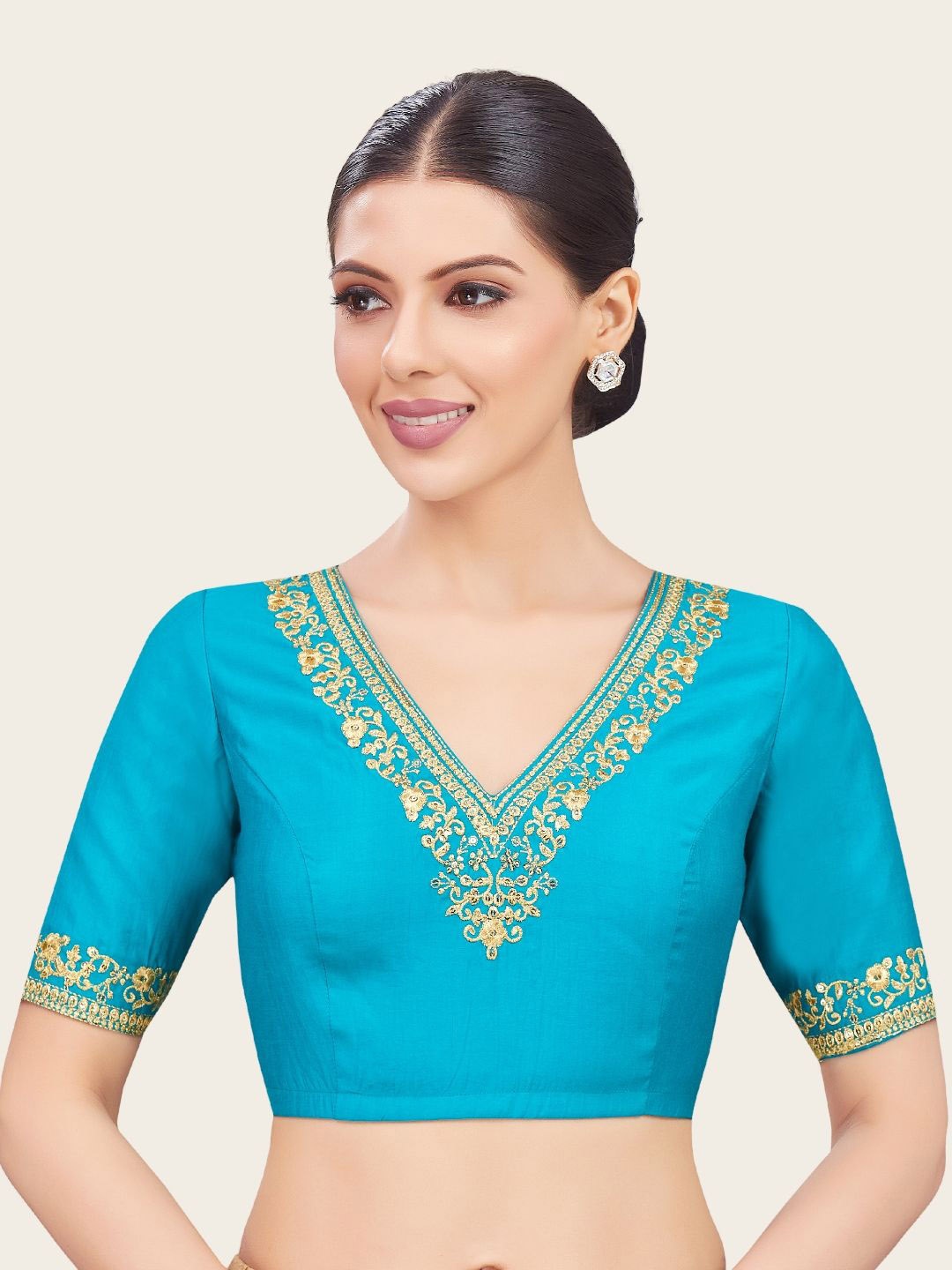 

Studio Shringaar Women Embroidered Cotton Readymade Saree Blouse, Turquoise blue